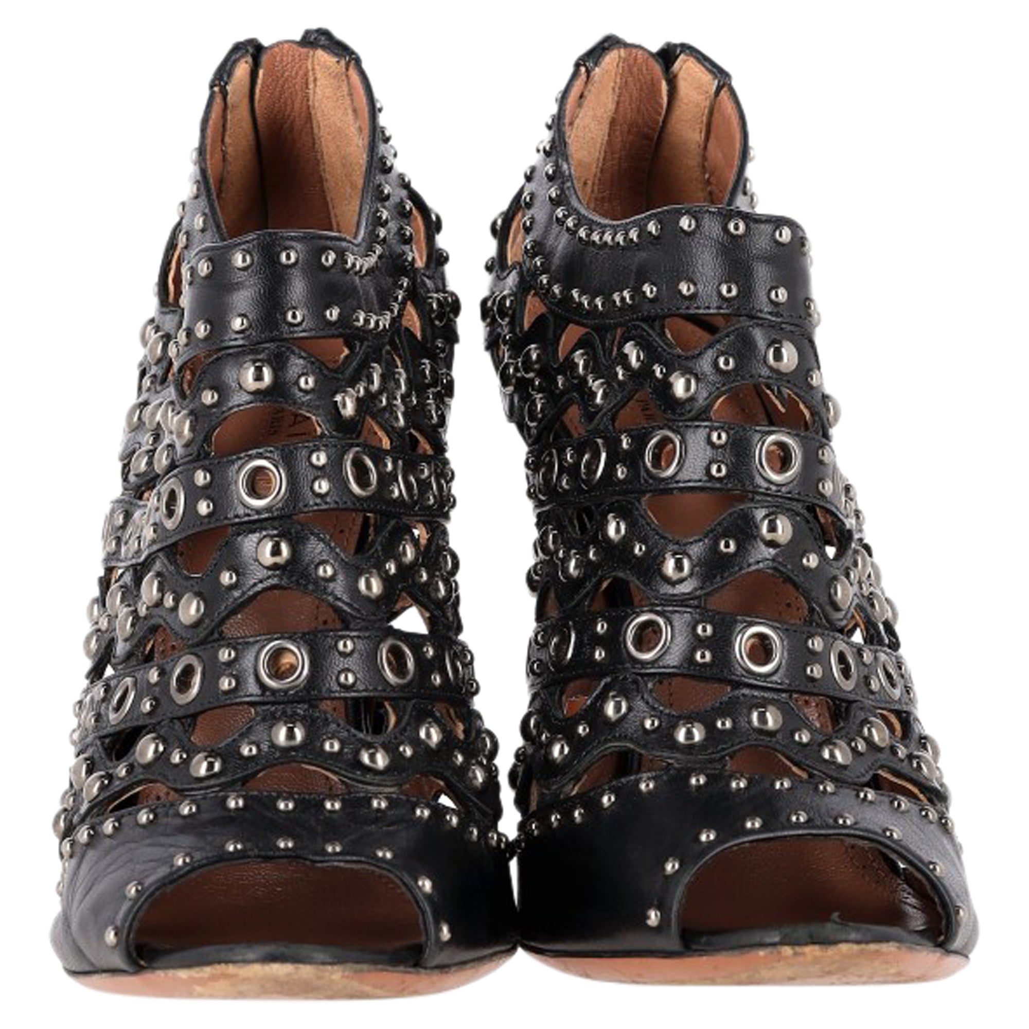 Alaia Studded Lasercut Sandal Heels in Black Leather