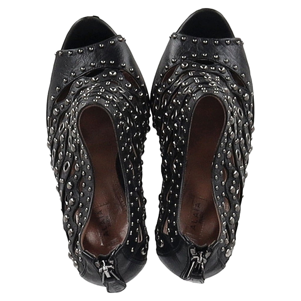 Alaia Studded Lasercut Sandal Heels in Black Leather