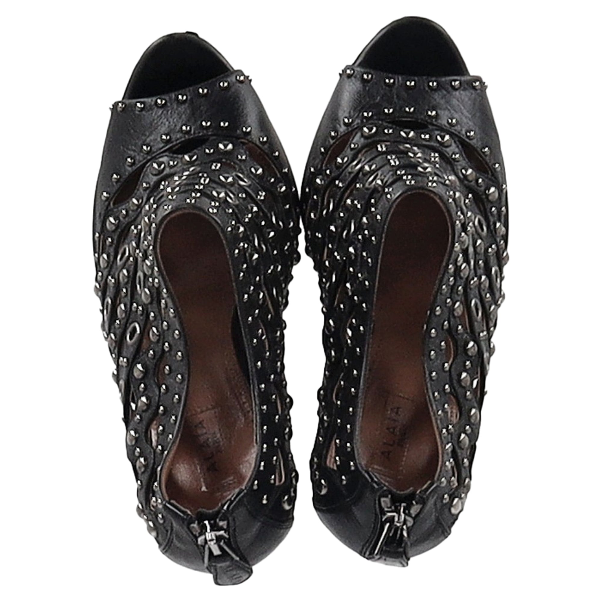 Alaia Studded Lasercut Sandal Heels in Black Leather