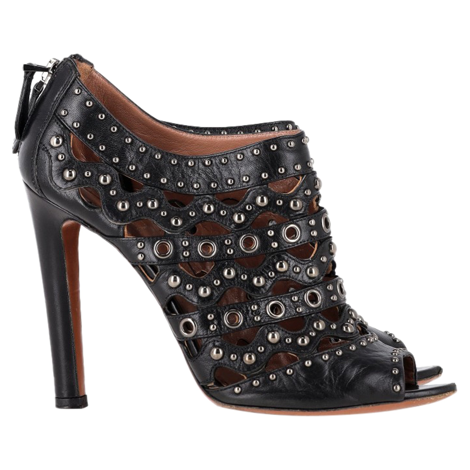 Alaia Studded Lasercut Sandal Heels in Black Leather