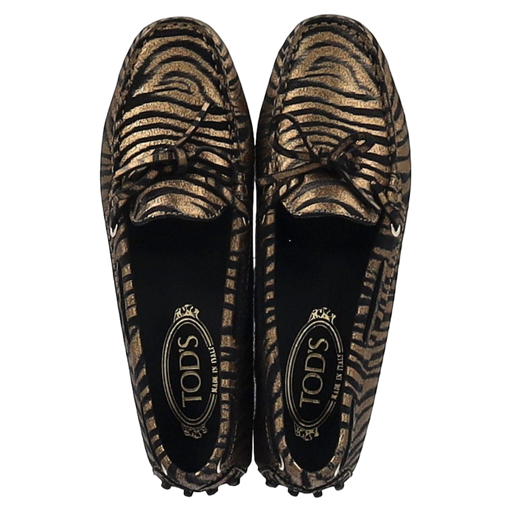 Women's Tod's Zebra-Printed Driving Loafers in Metallic Gold Leather