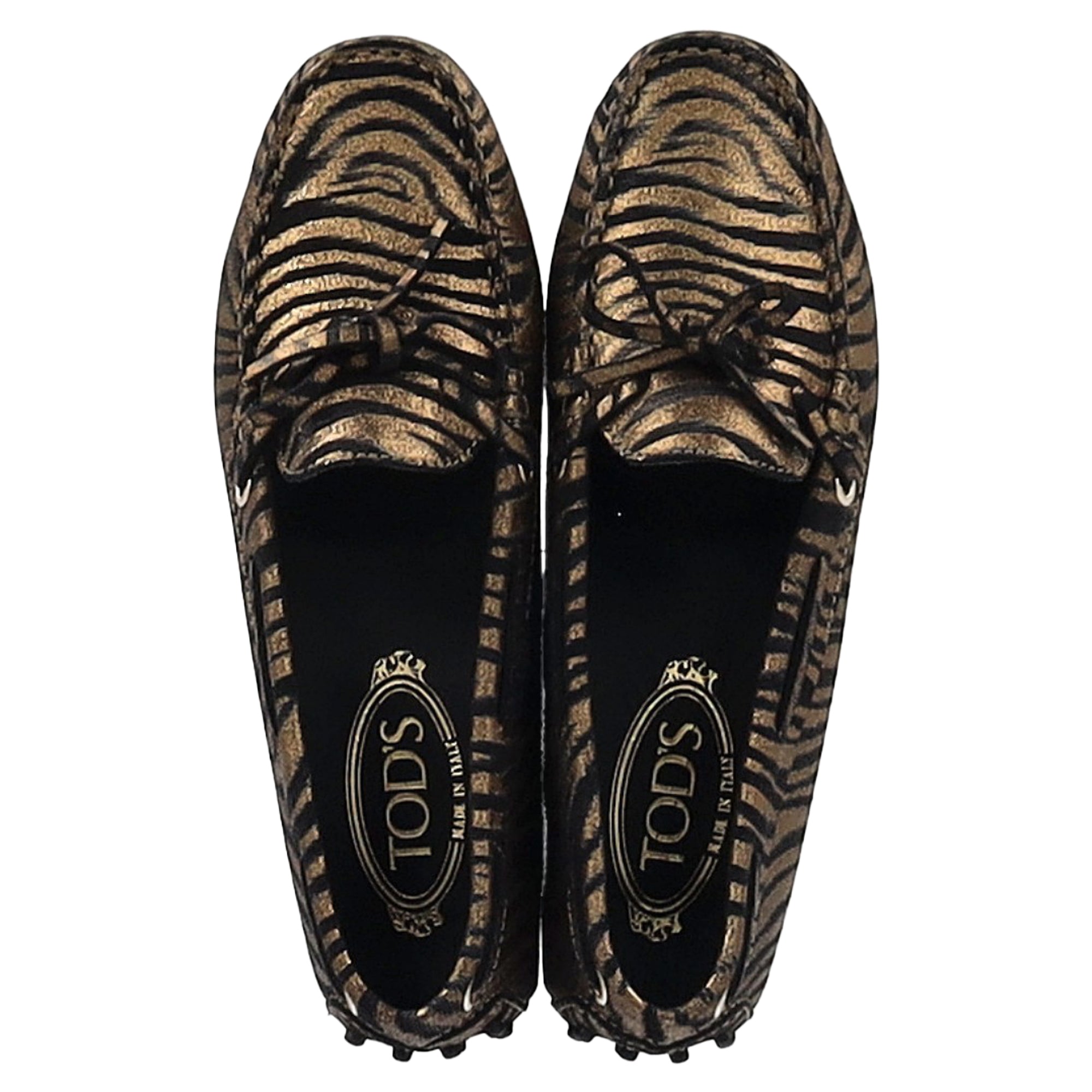 Women's Tod's Zebra-Printed Driving Loafers in Metallic Gold Leather