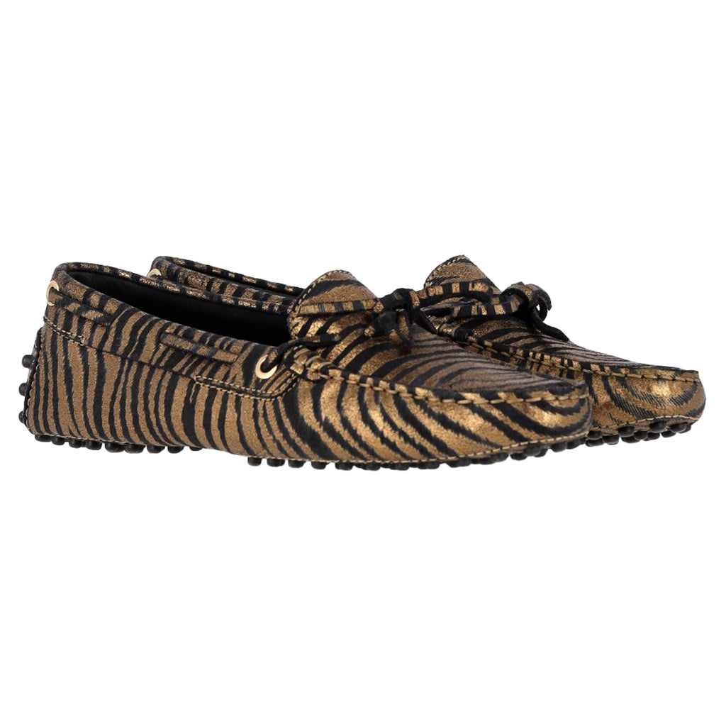 Women's Tod's Zebra-Printed Driving Loafers in Metallic Gold Leather