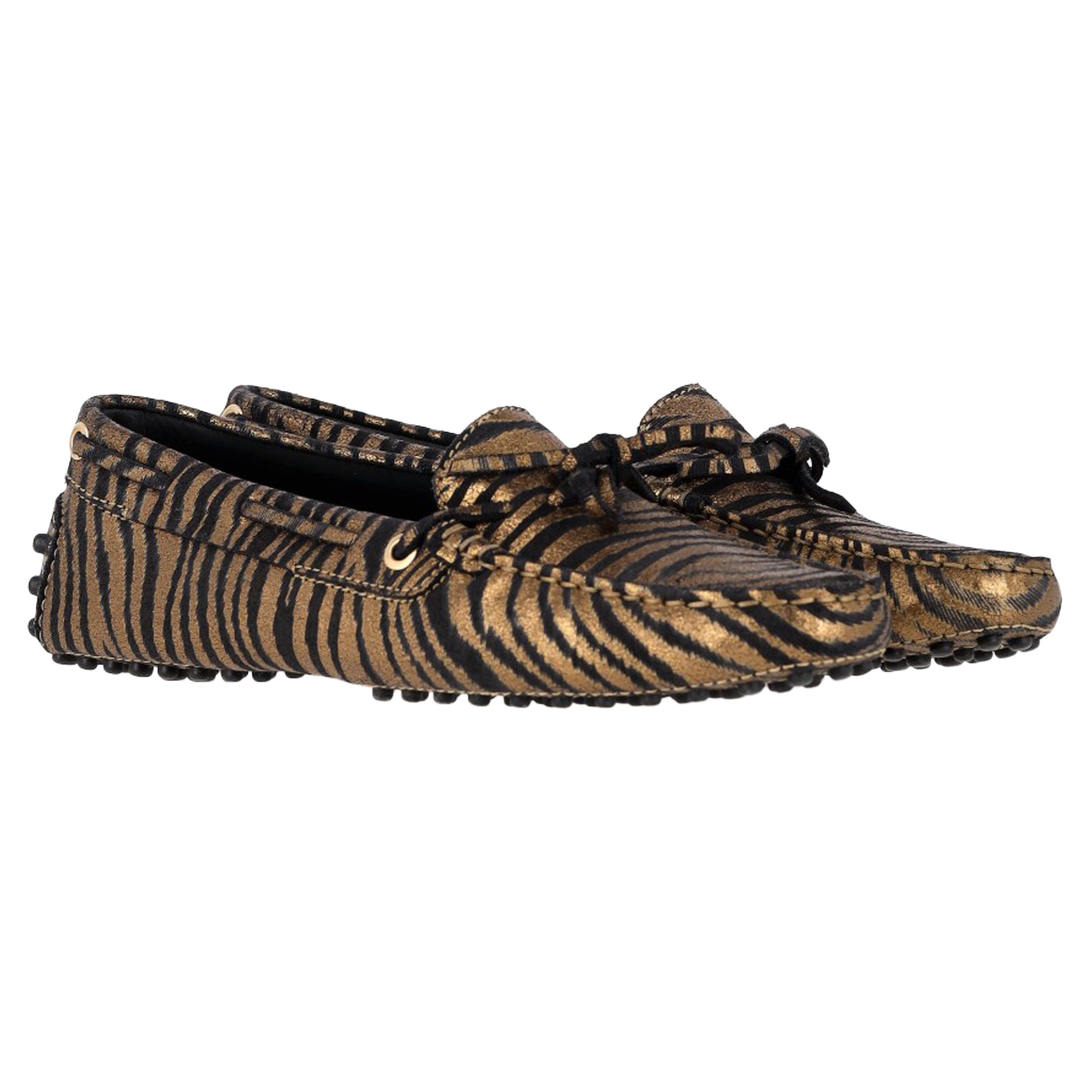 Women's Tod's Zebra-Printed Driving Loafers in Metallic Gold Leather