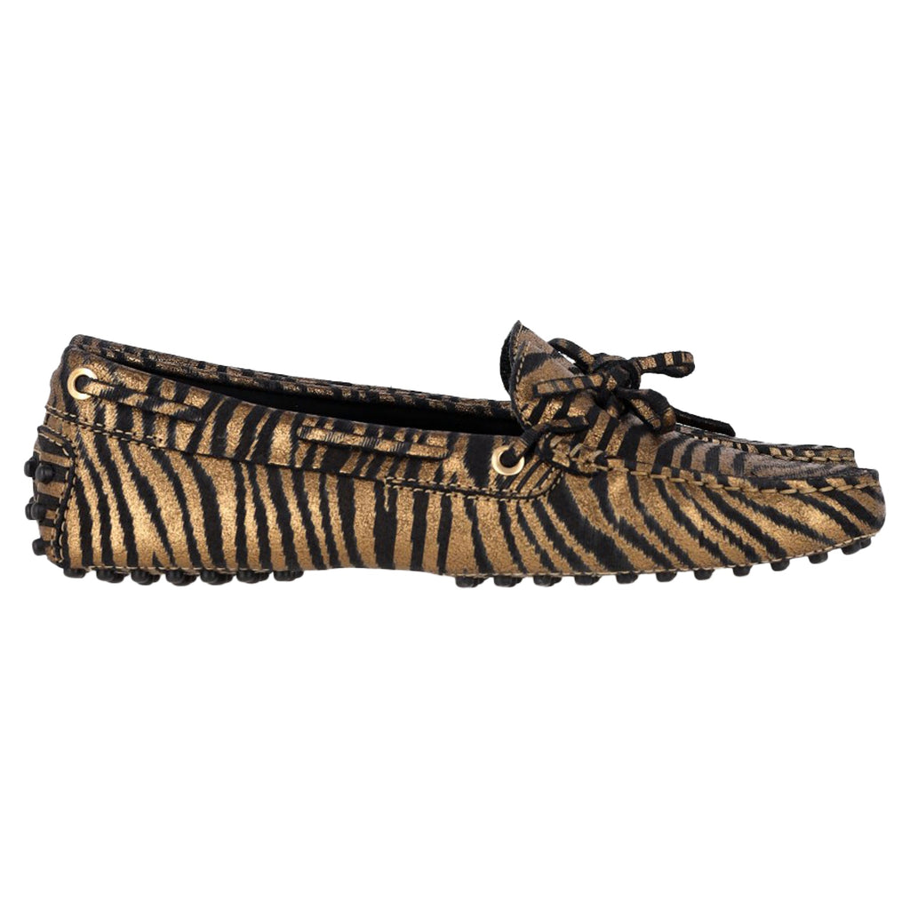 Women's Tod's Zebra-Printed Driving Loafers in Metallic Gold Leather