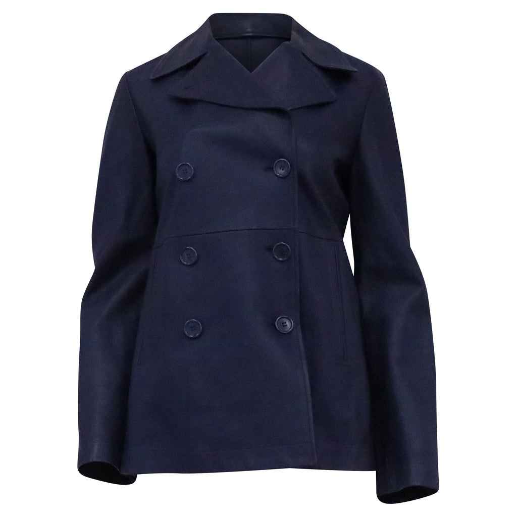 Loro Piana Double Breasted Coat in Navy Blue Lambskin Leather