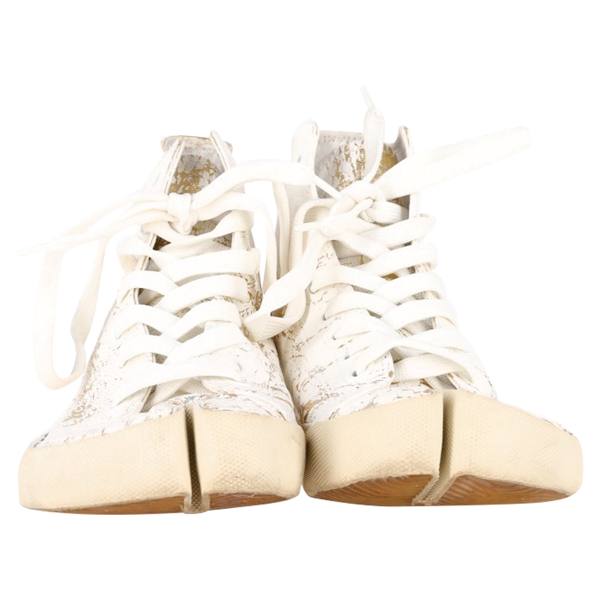 Maison Margiela Tabi High-Top Sneakers in White and Gold Leather