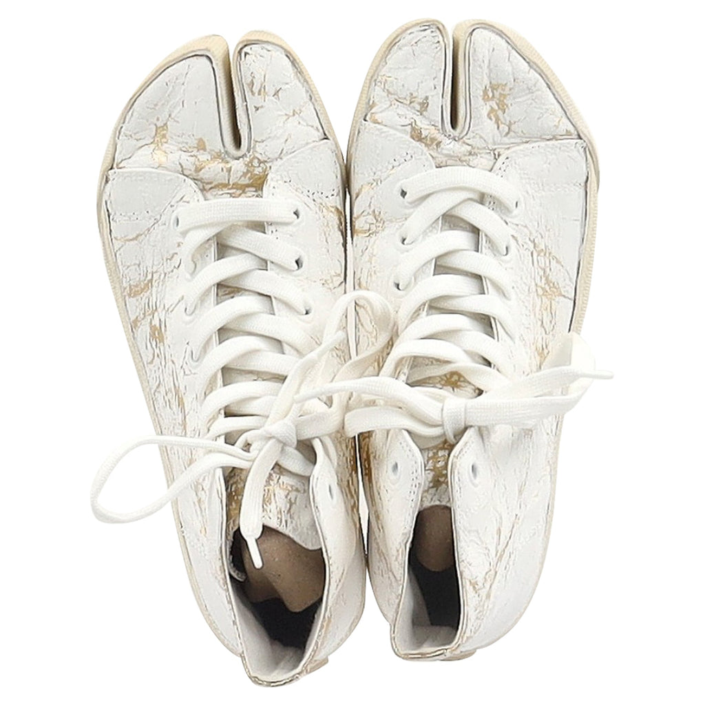 Maison Margiela Tabi High-Top Sneakers in White and Gold Leather