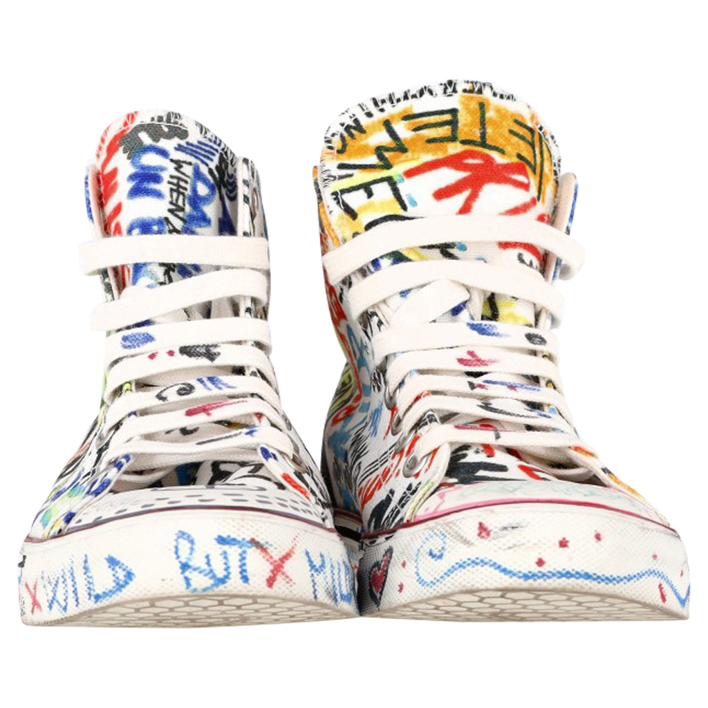 Vetements Graffiti Printed High-Top Sneakers in White Canvas
