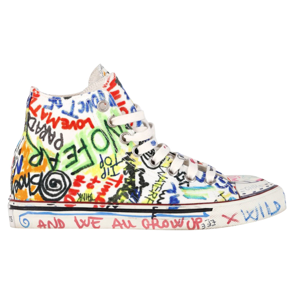 Vetements Graffiti Printed High-Top Sneakers in White Canvas