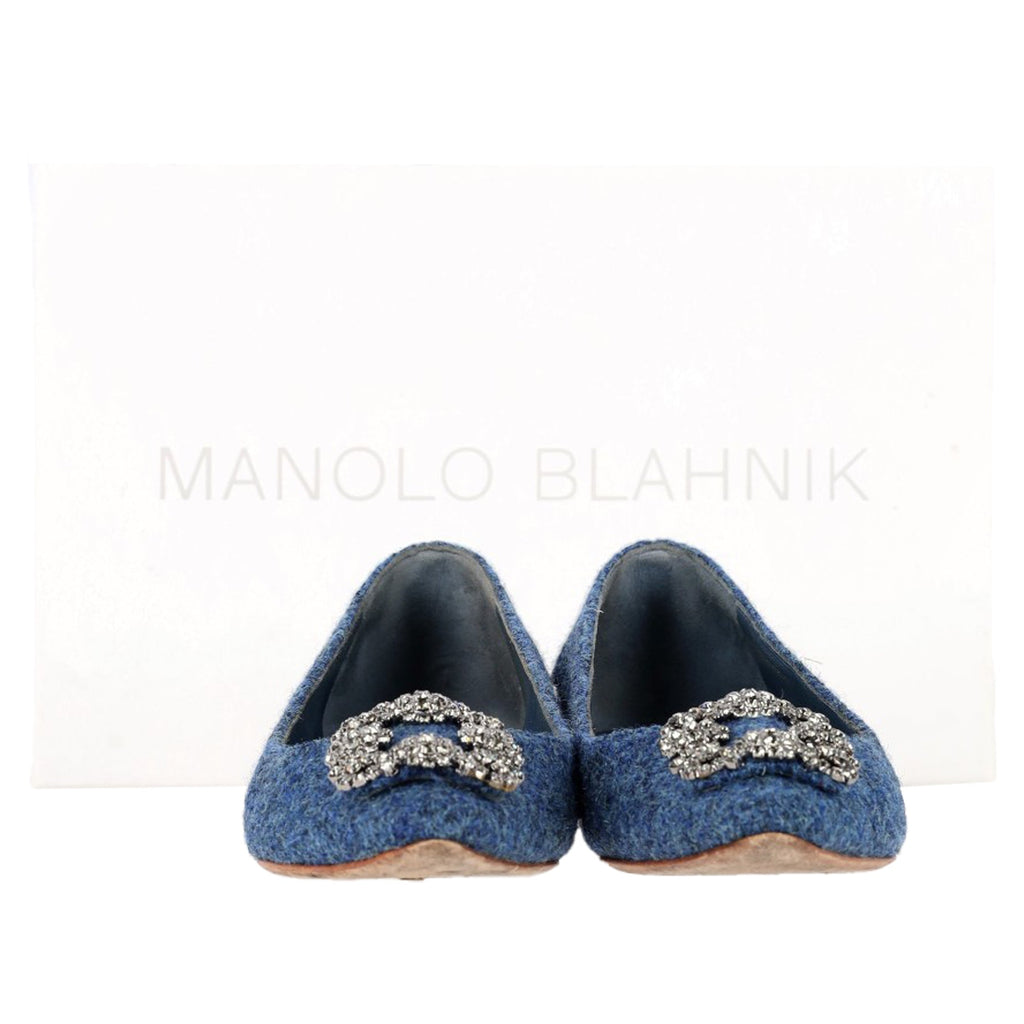Women's Manolo Blahnik Hangisi Embellished Flats in Blue Tweed