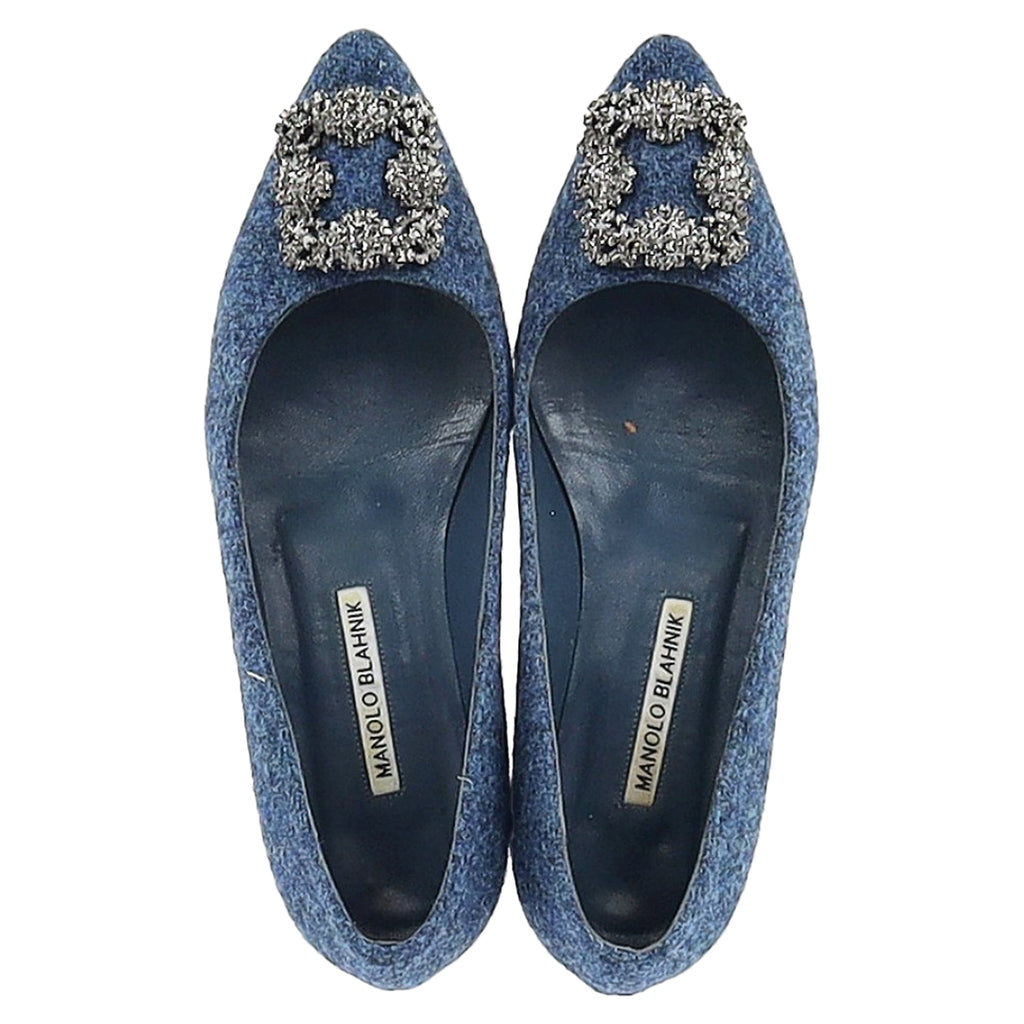Women's Manolo Blahnik Hangisi Embellished Flats in Blue Tweed
