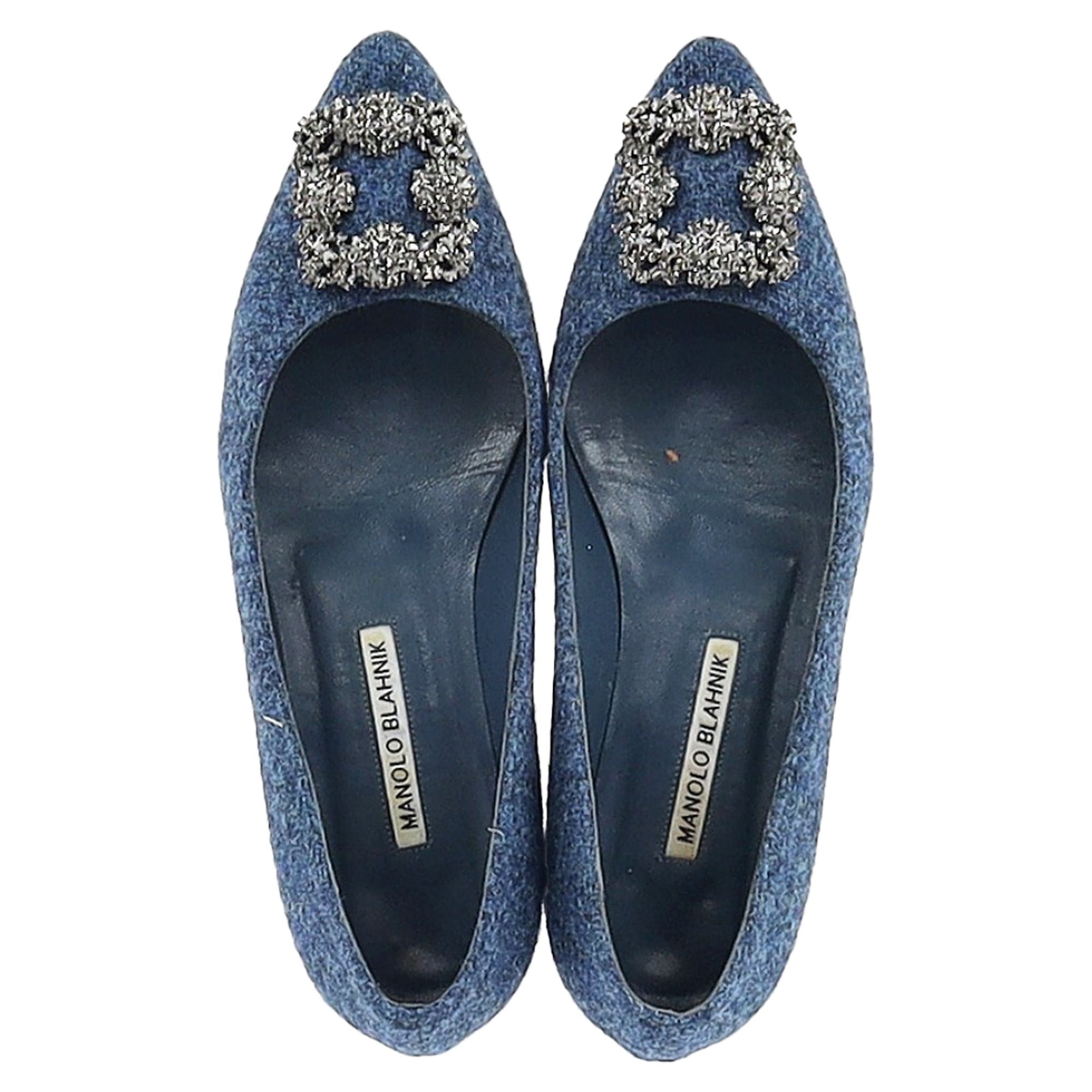 Women's Manolo Blahnik Hangisi Embellished Flats in Blue Tweed