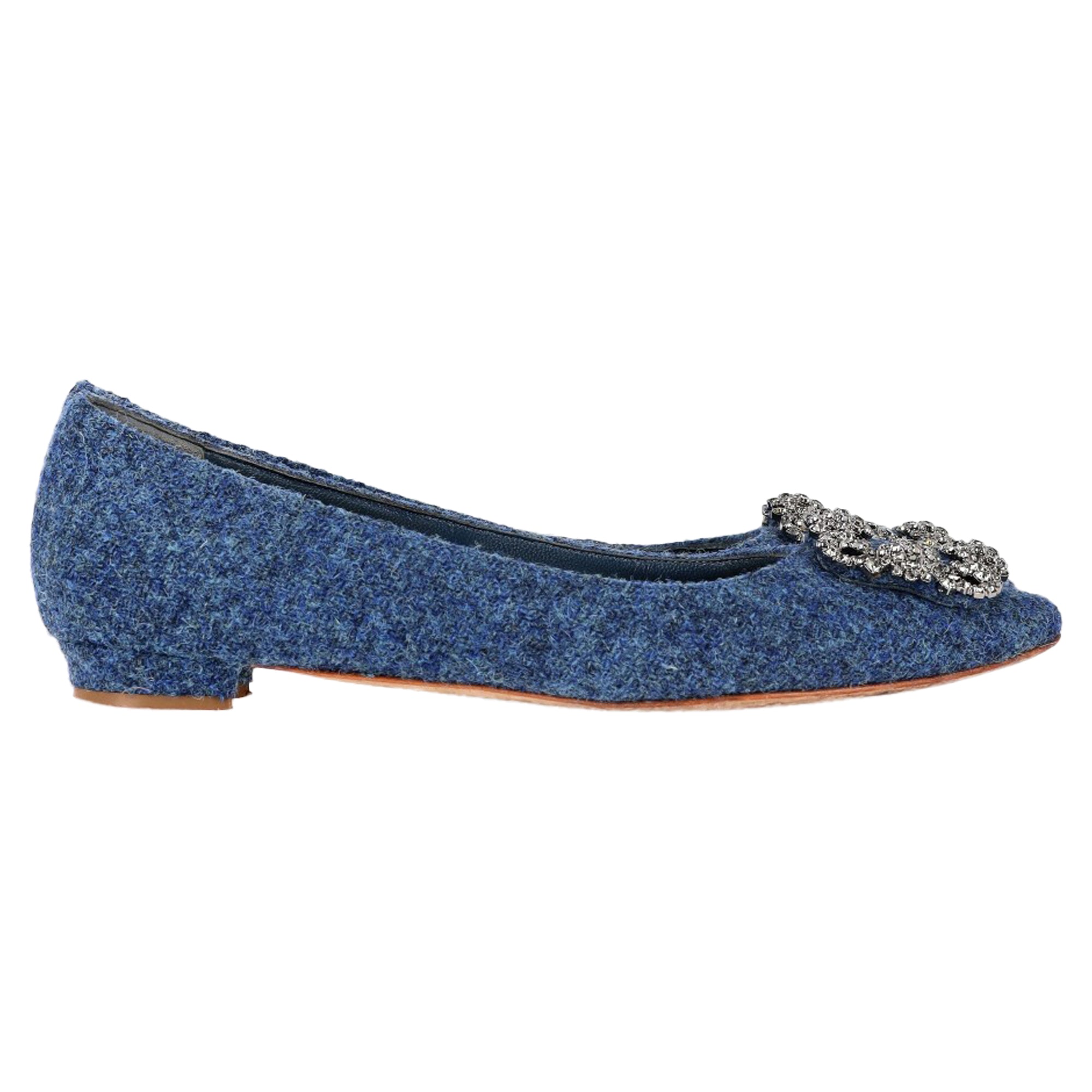 Women's Manolo Blahnik Hangisi Embellished Flats in Blue Tweed