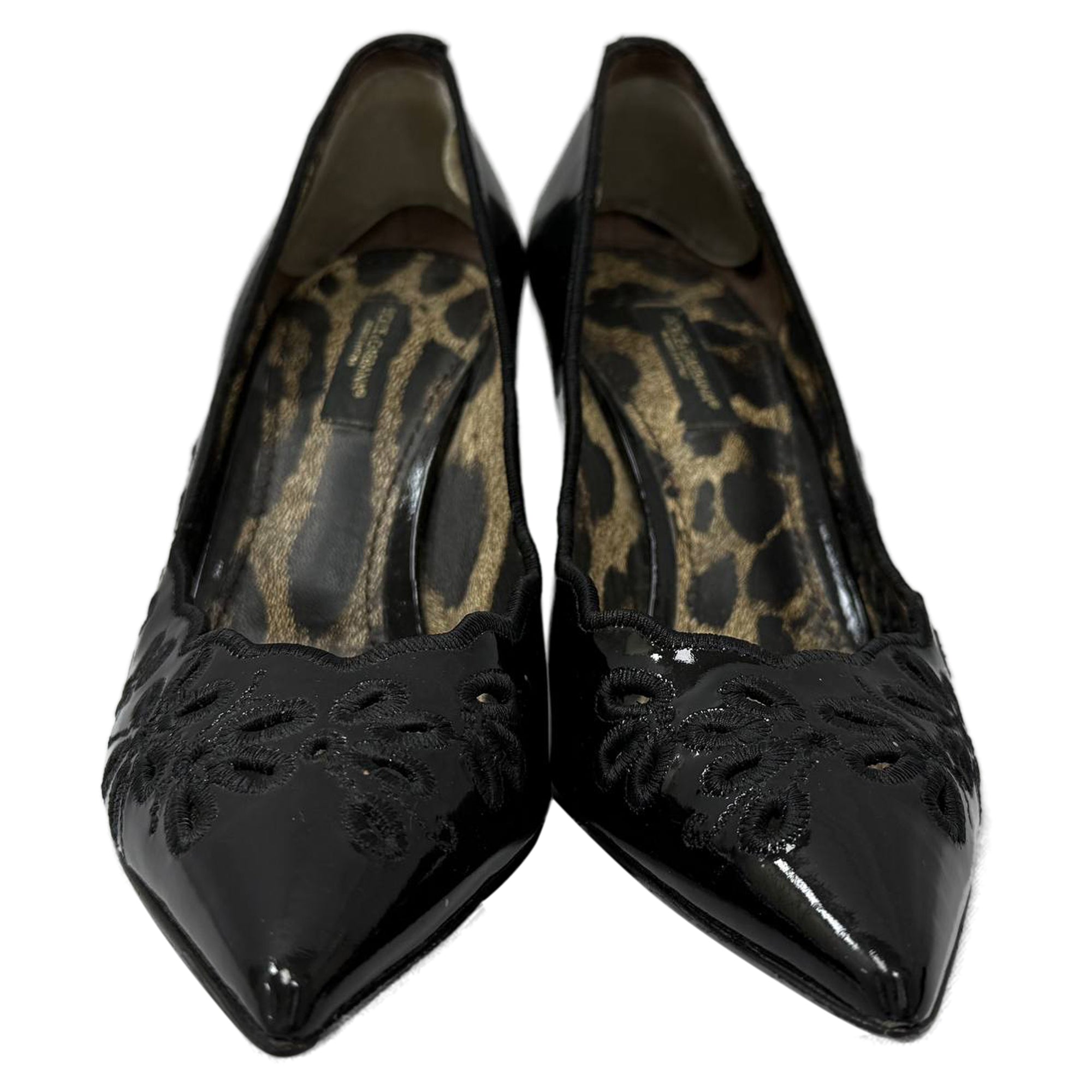 Women's Dolce & Gabbana Floral Cut Pointed Pumps in Black Patent Leather