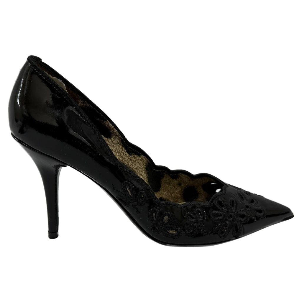 Women's Dolce & Gabbana Floral Cut Pointed Pumps in Black Patent Leather