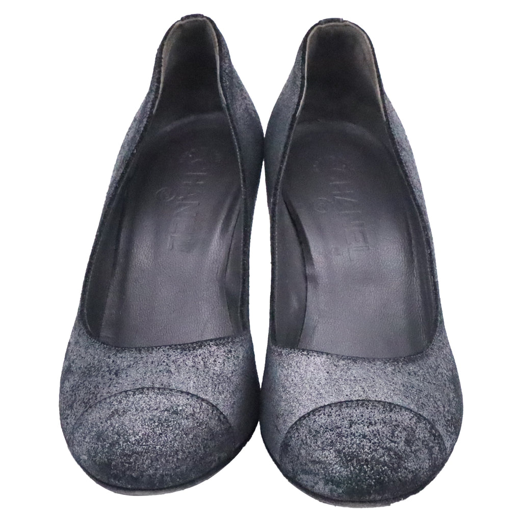 Women's Chanel CC Distressed Accent Pumps in Grey Suede