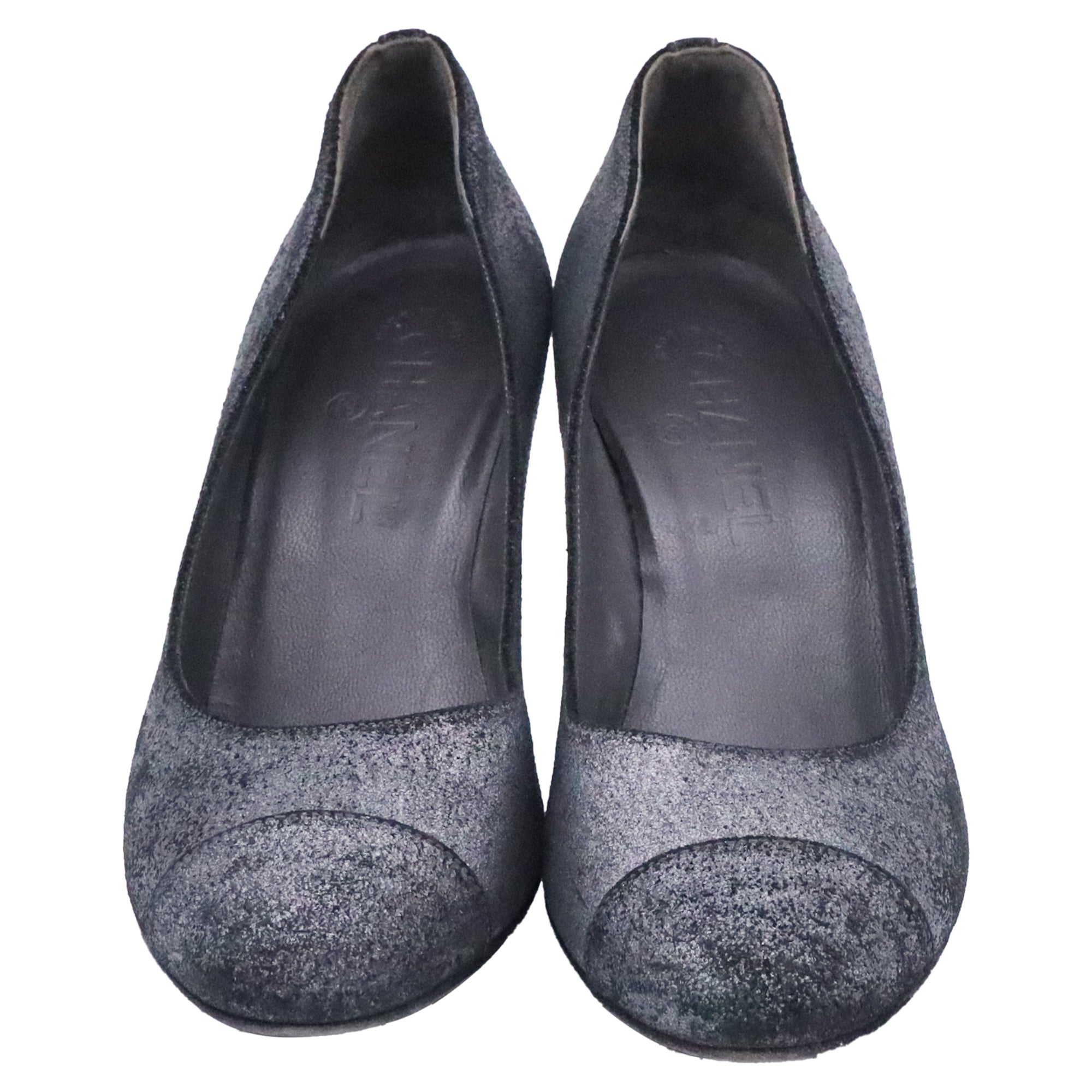 Women's Chanel CC Distressed Accent Pumps in Grey Suede