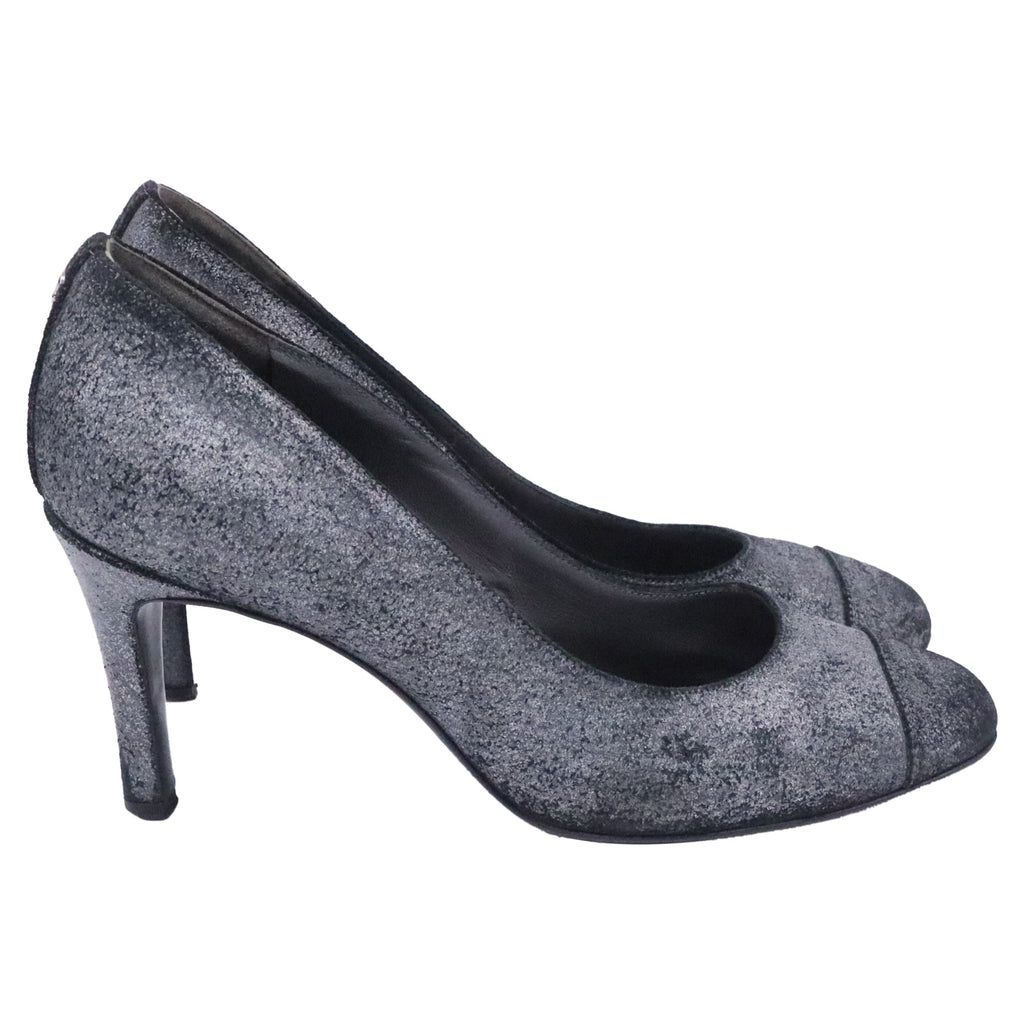 Women's Chanel CC Distressed Accent Pumps in Grey Suede