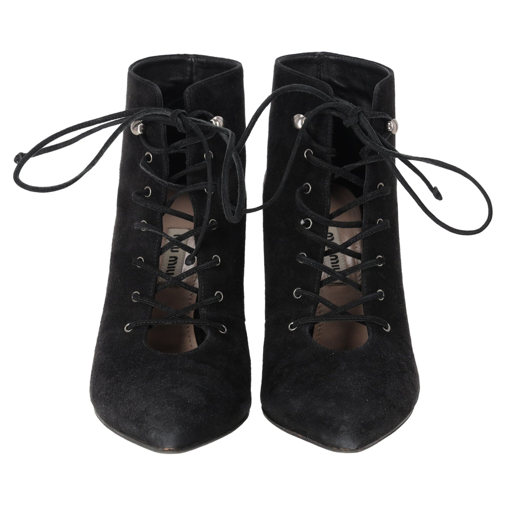 Women's Miu Miu Lace Up Ankle Boots in Black Suede