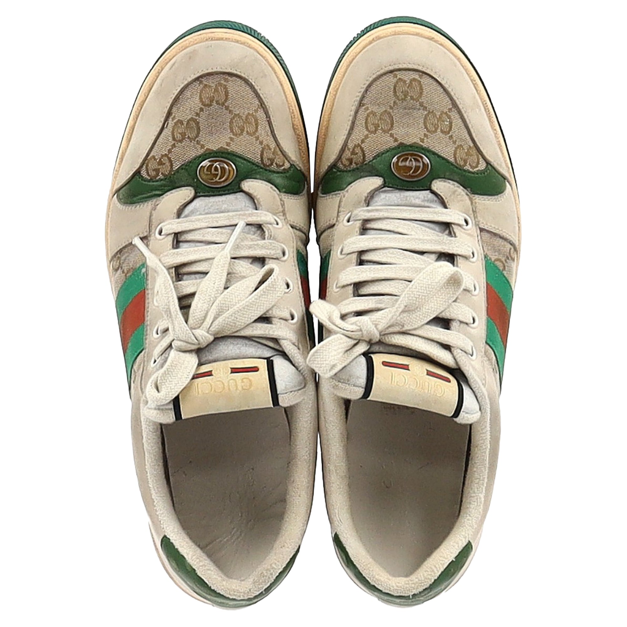 Gucci Screener Distressed Sneakers in Beige Leather and Canvas
