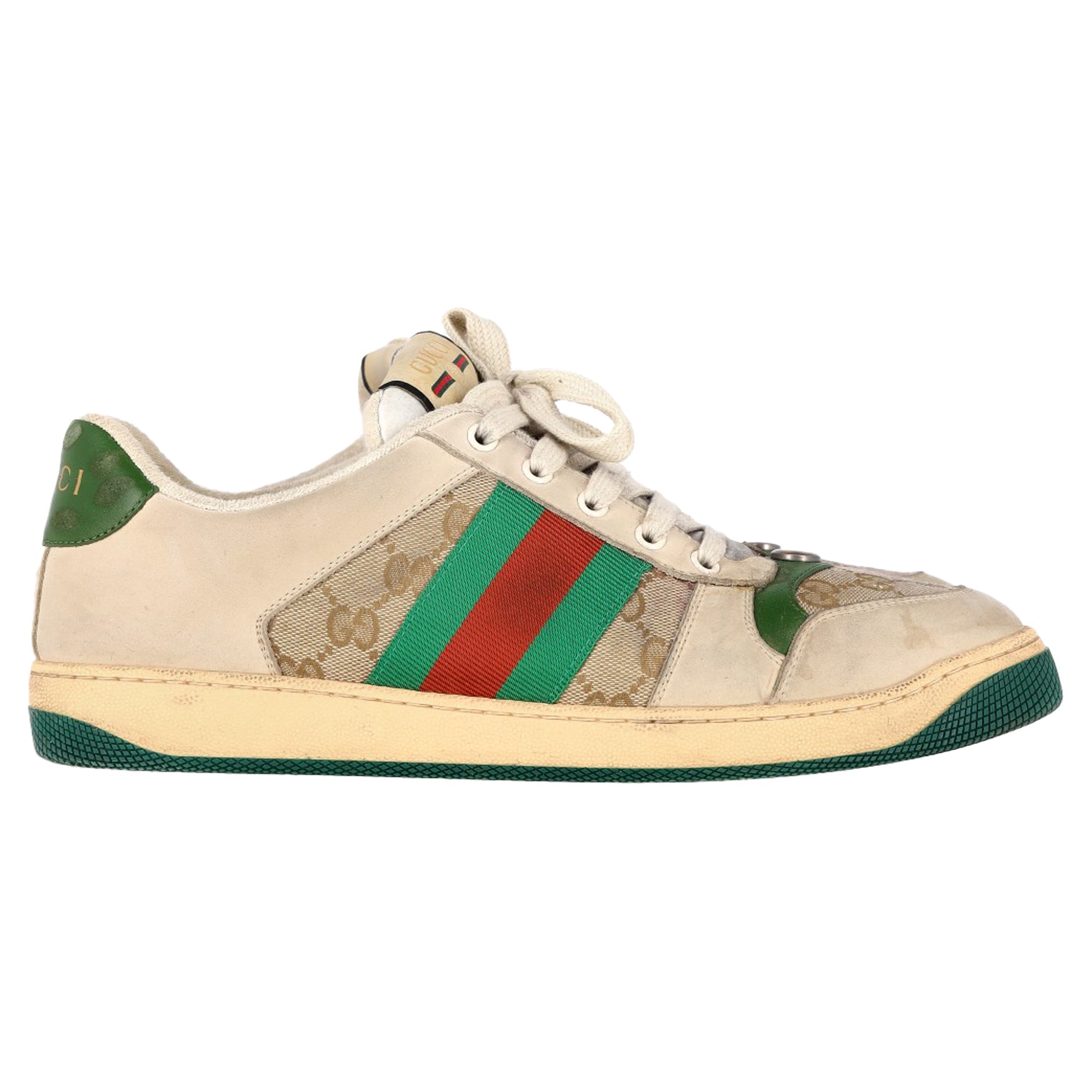 Gucci Screener Distressed Sneakers in Beige Leather and Canvas