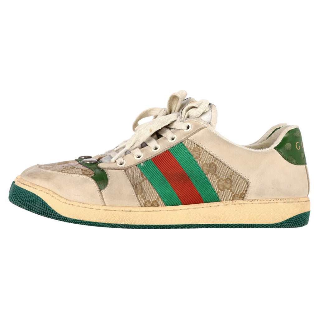 Gucci Screener Distressed Sneakers in Beige Leather and Canvas