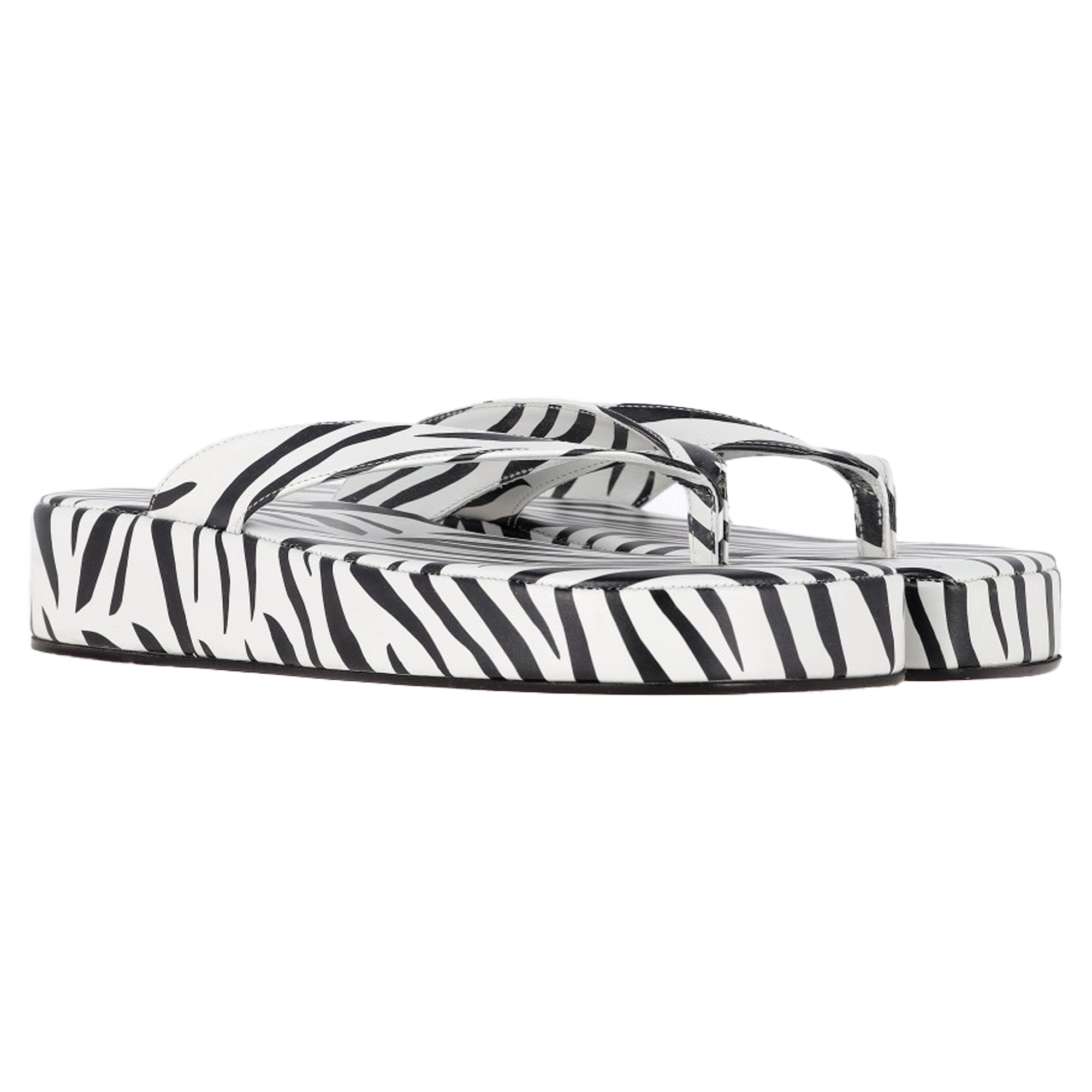 Amina Muaddi Johana Zebra-Print Platform Thong Sandals in Black and White Leather