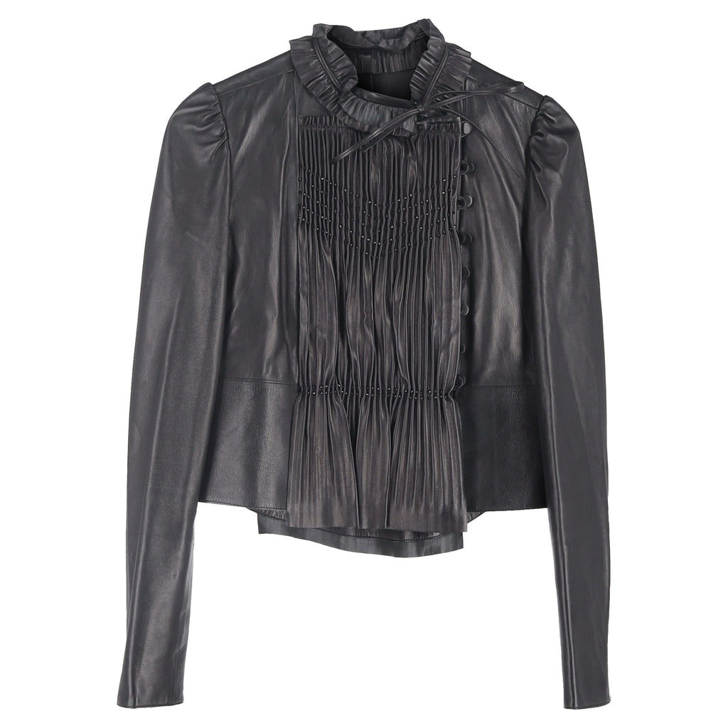 Valentino Pleated Jacket in Black Leather