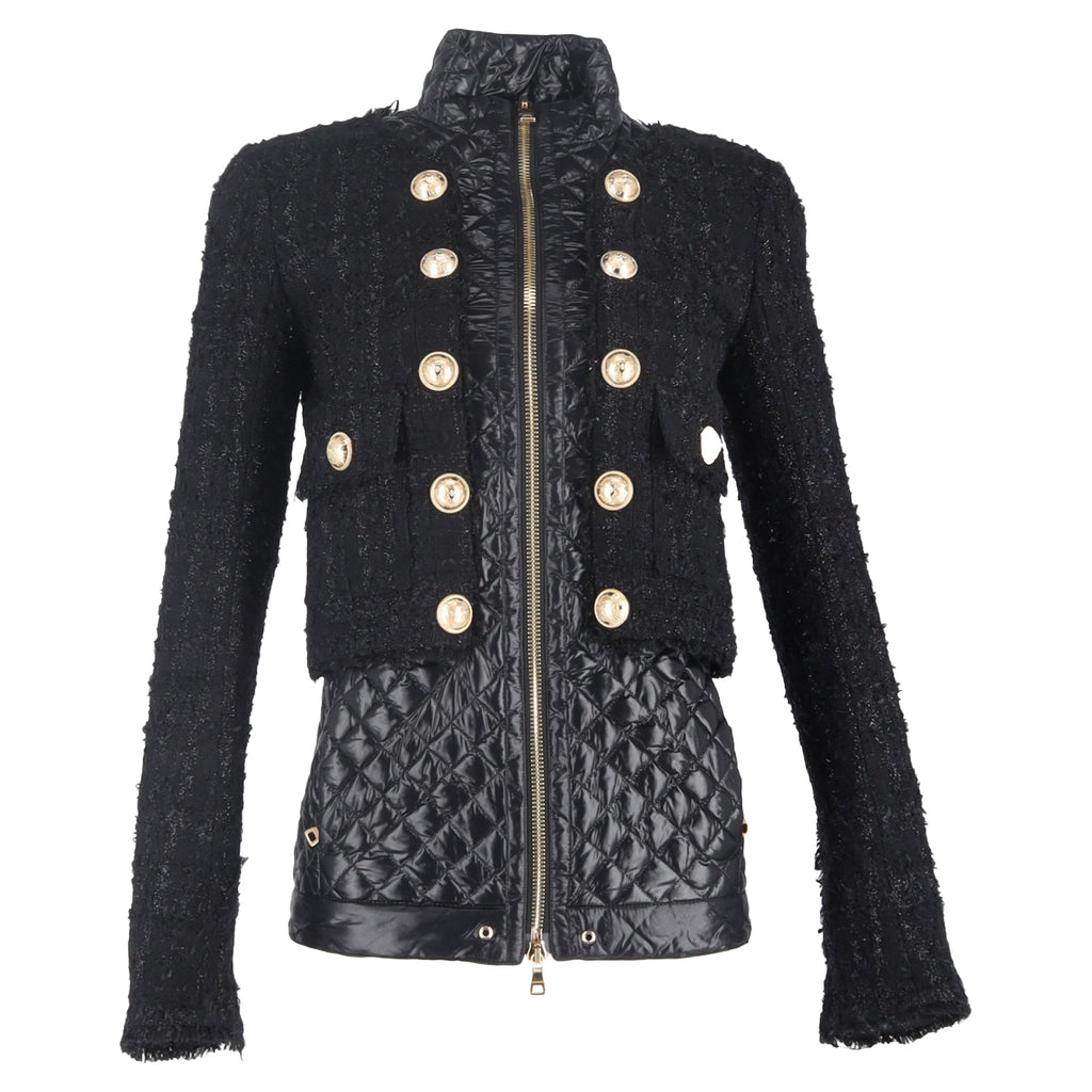 Balmain Tweed Layered Quilted Jacket with Gold Buttons in Black Wool