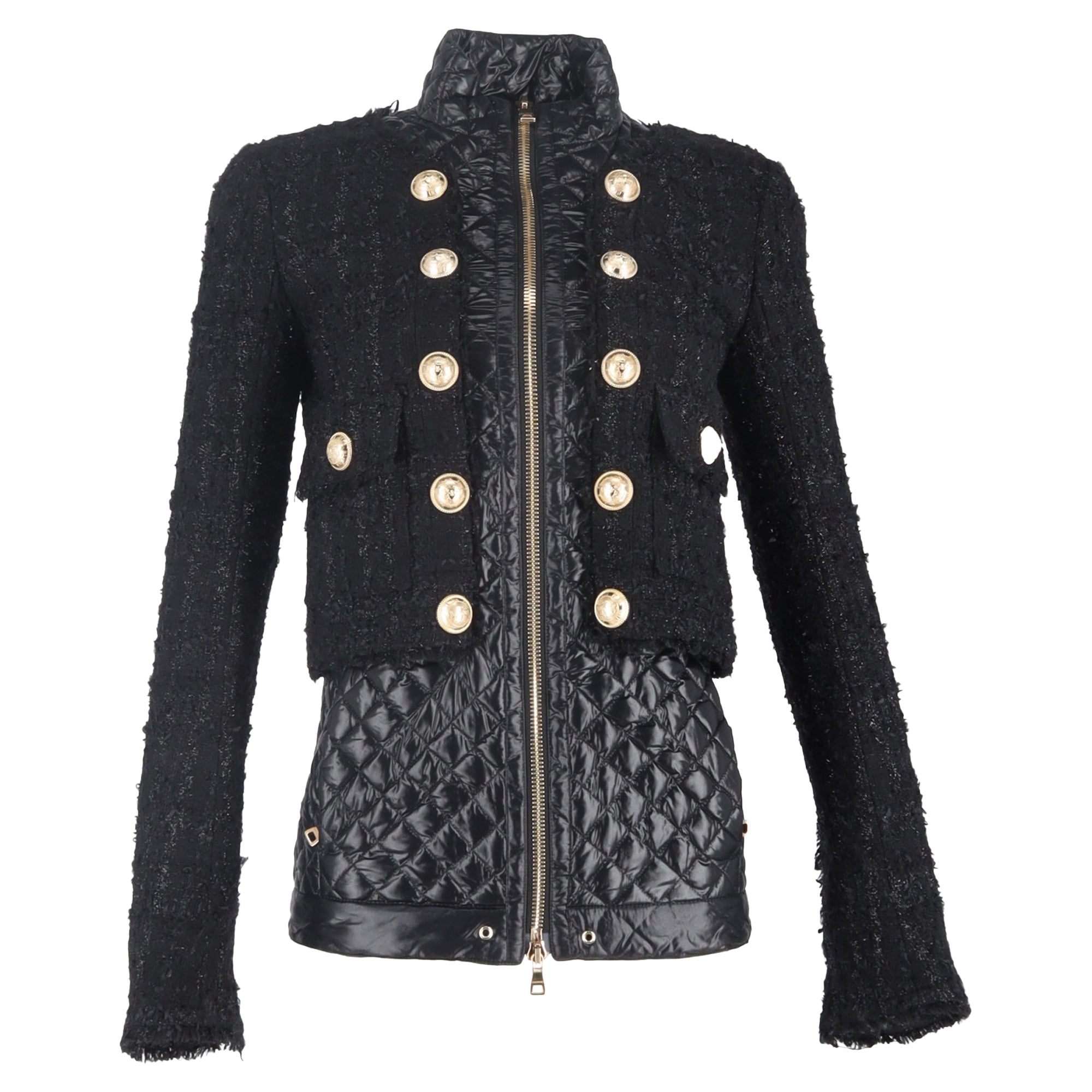 Balmain Tweed Layered Quilted Jacket with Gold Buttons in Black Wool
