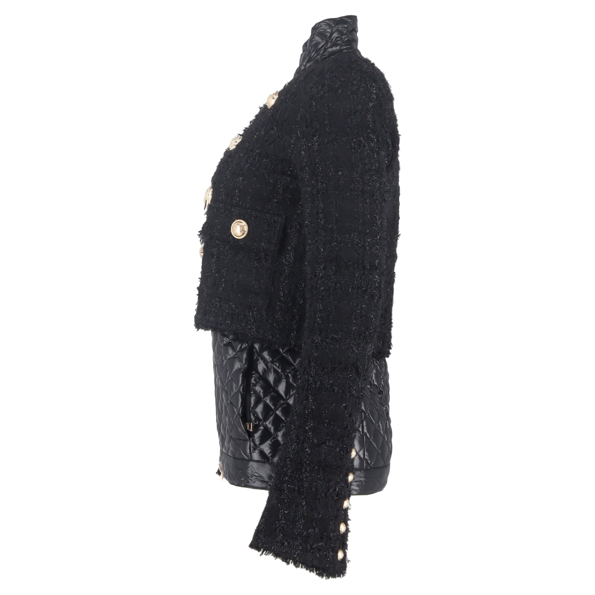 Balmain Tweed Layered Quilted Jacket with Gold Buttons in Black Wool