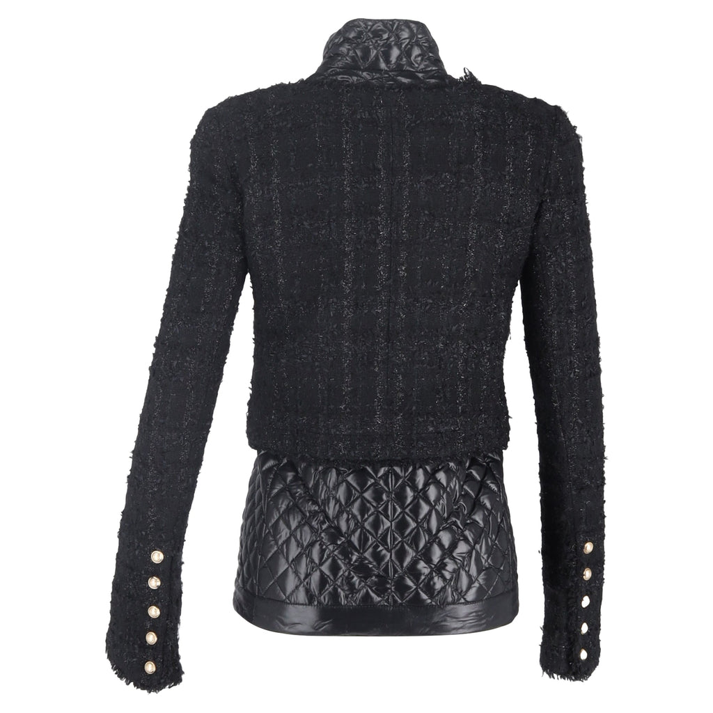 Balmain Tweed Layered Quilted Jacket with Gold Buttons in Black Wool