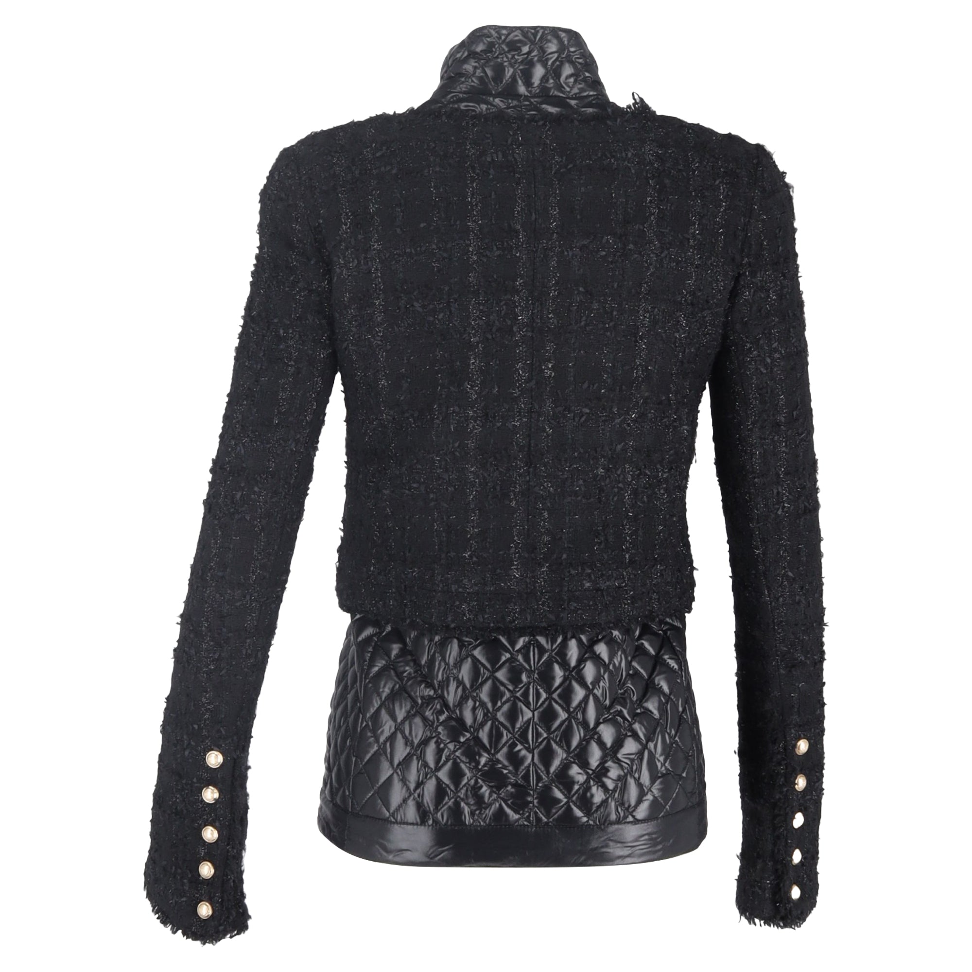 Balmain Tweed Layered Quilted Jacket with Gold Buttons in Black Wool