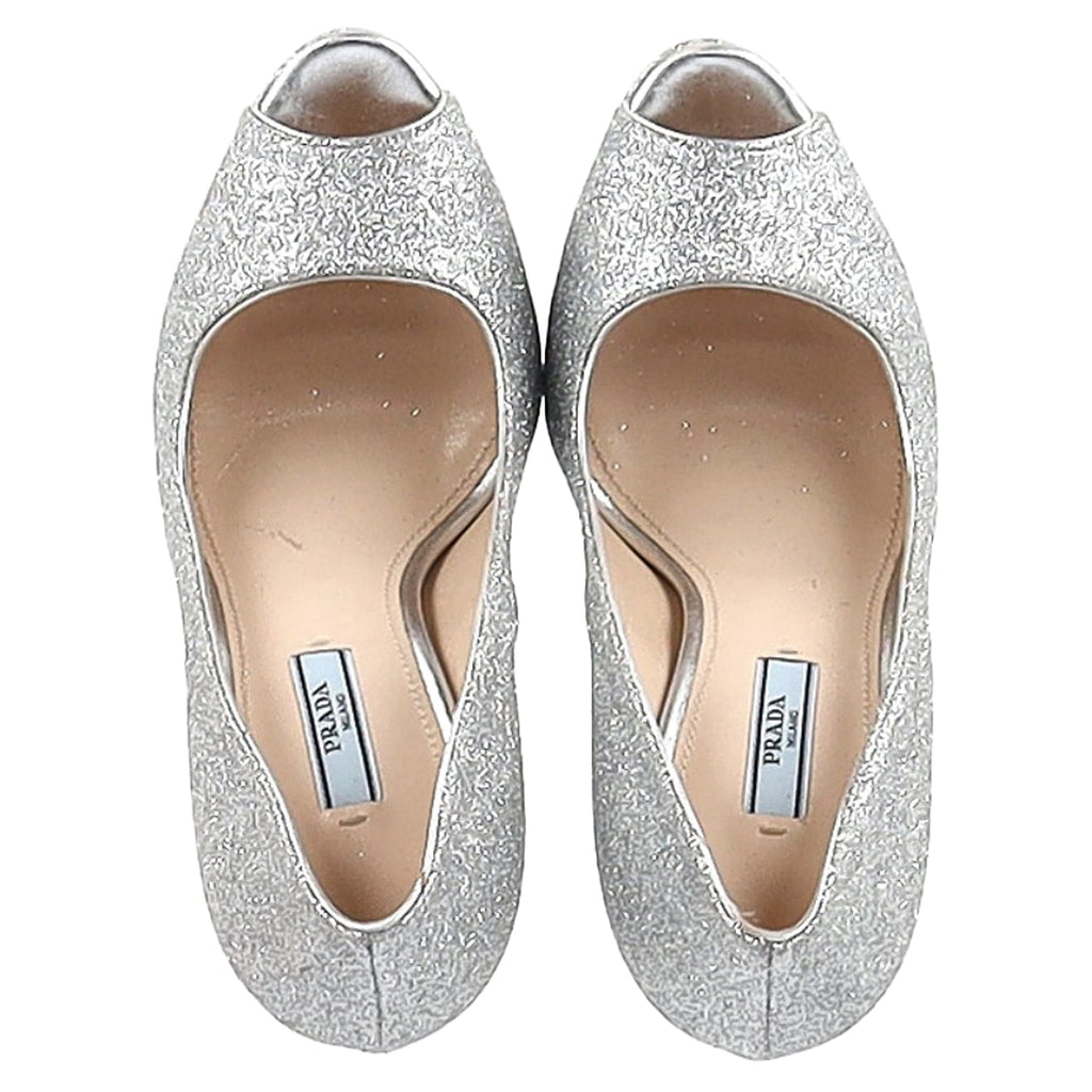 Women's Prada Peep-Toe Platform Pumps in Silver Glitter