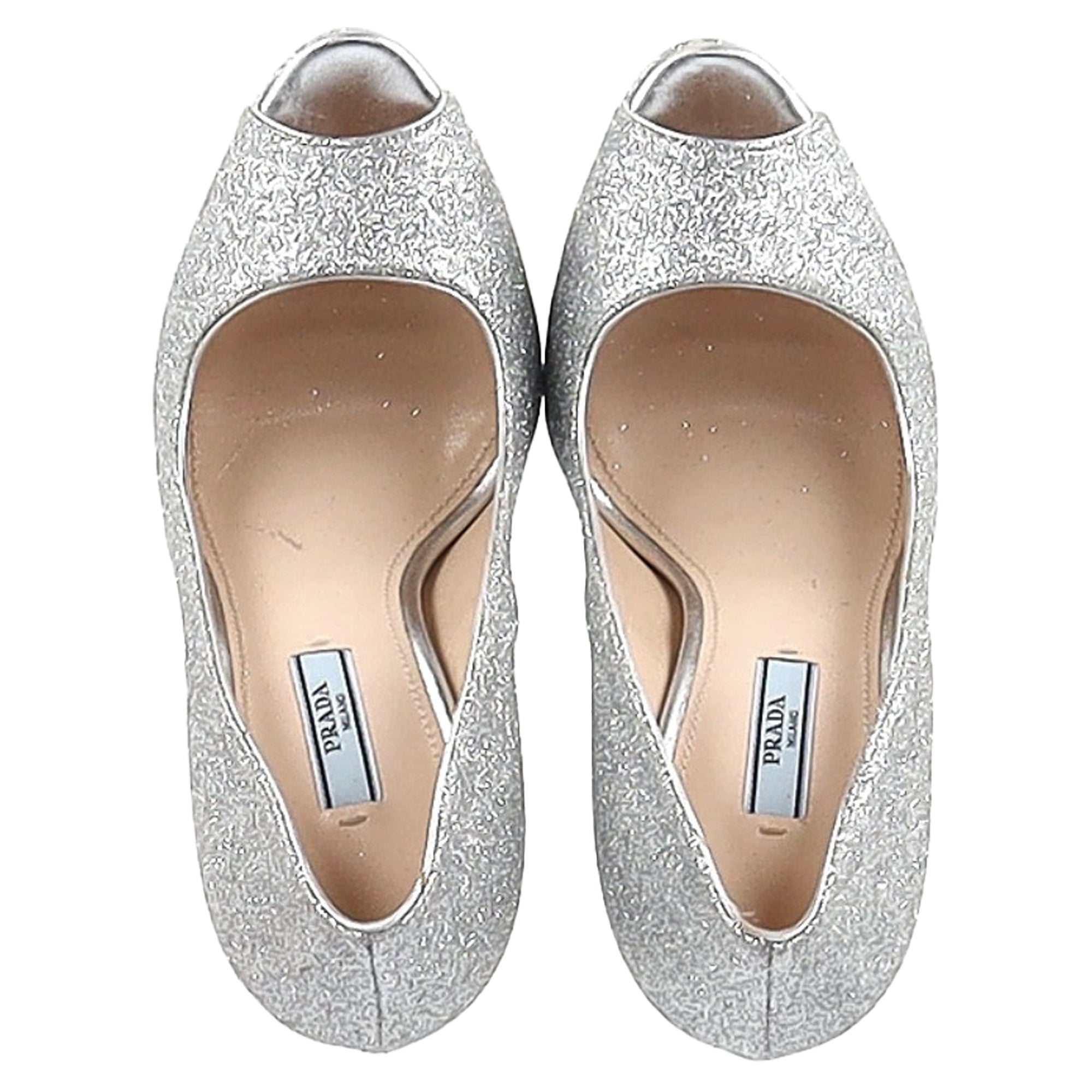 Women's Prada Peep-Toe Platform Pumps in Silver Glitter