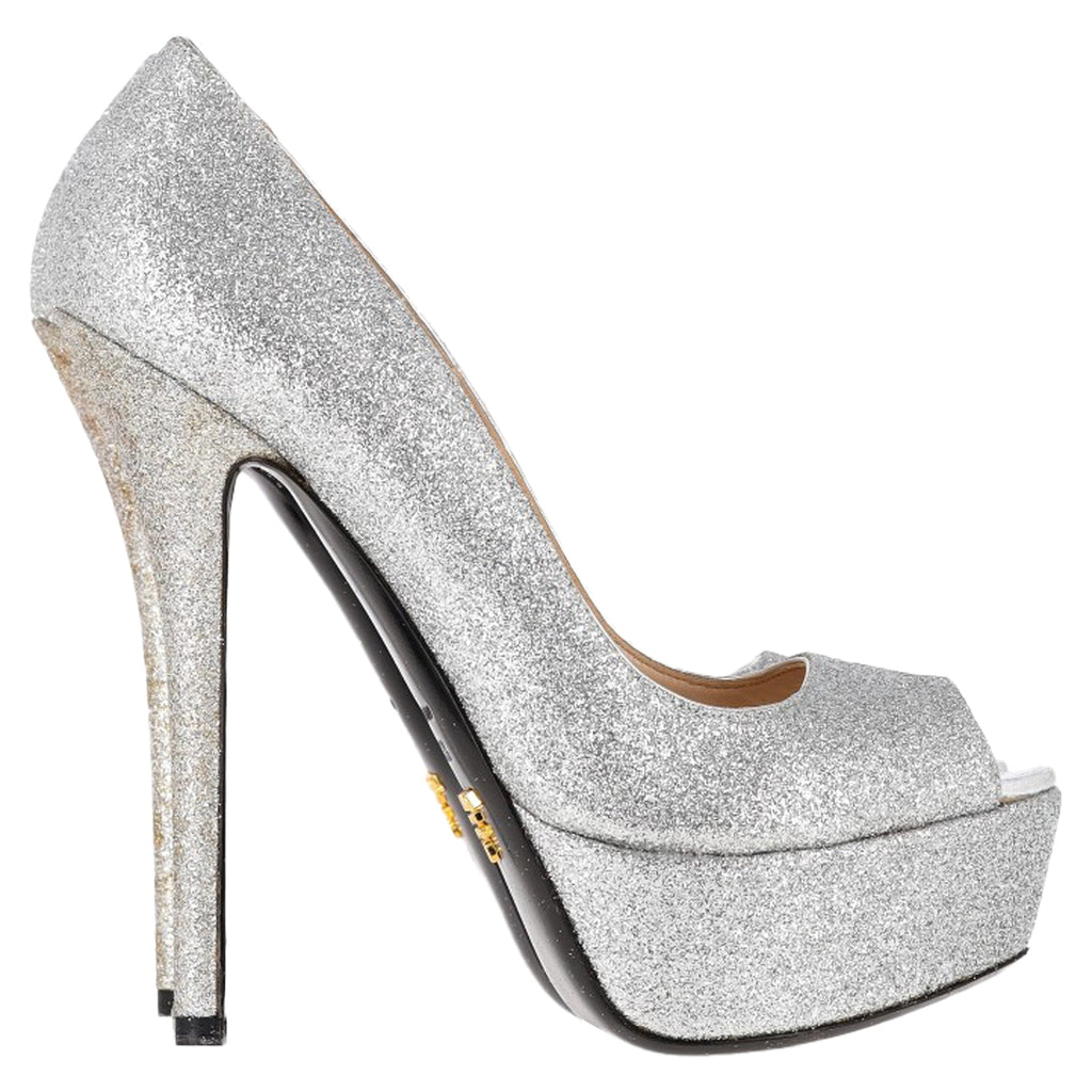 Women's Prada Peep-Toe Platform Pumps in Silver Glitter