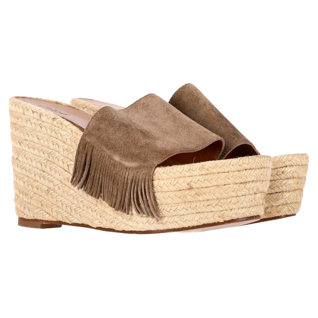 Chloé Fringe-Trimmed Espadrille Wedge Sandals in Brown Suede