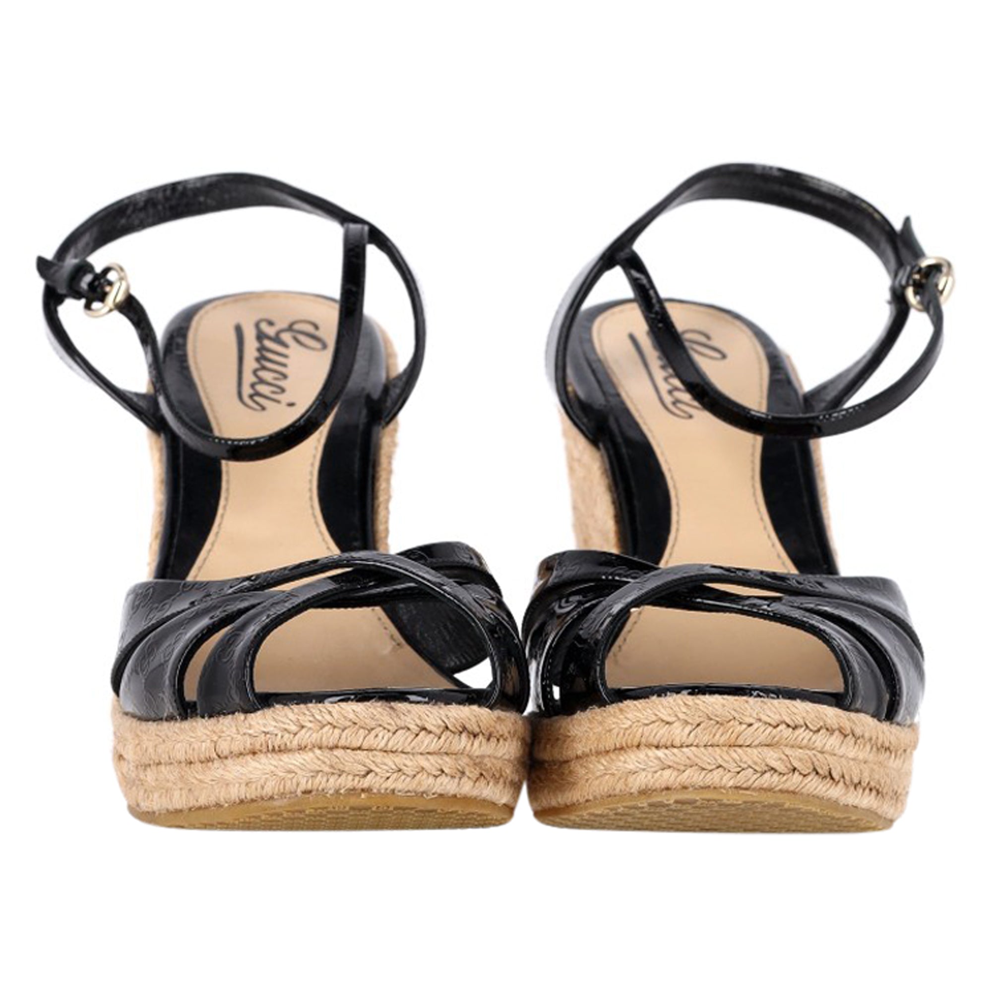 Gucci Microguccissima Espadrille Wedge Sandals in Black Patent Leather