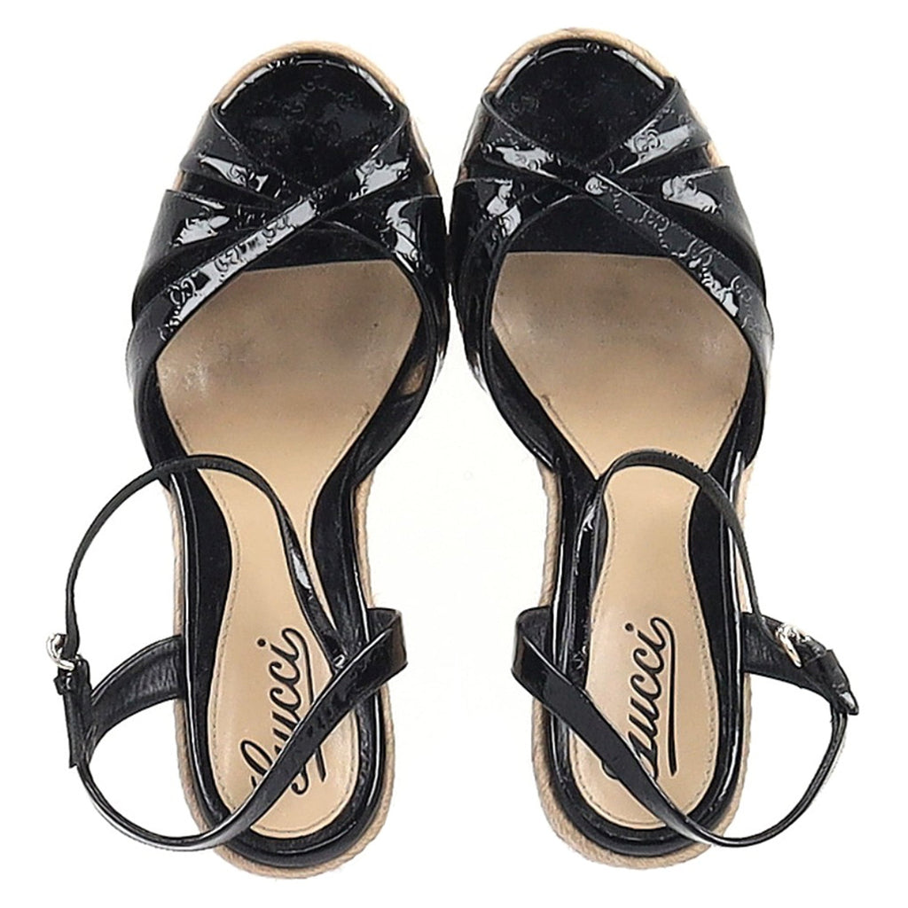Gucci Microguccissima Espadrille Wedge Sandals in Black Patent Leather