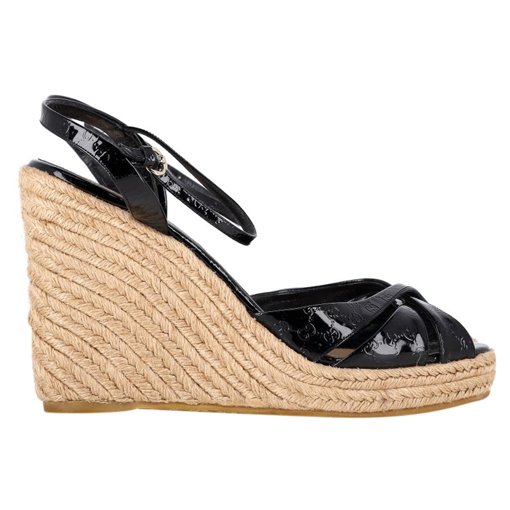 Gucci Microguccissima Espadrille Wedge Sandals in Black Patent Leather