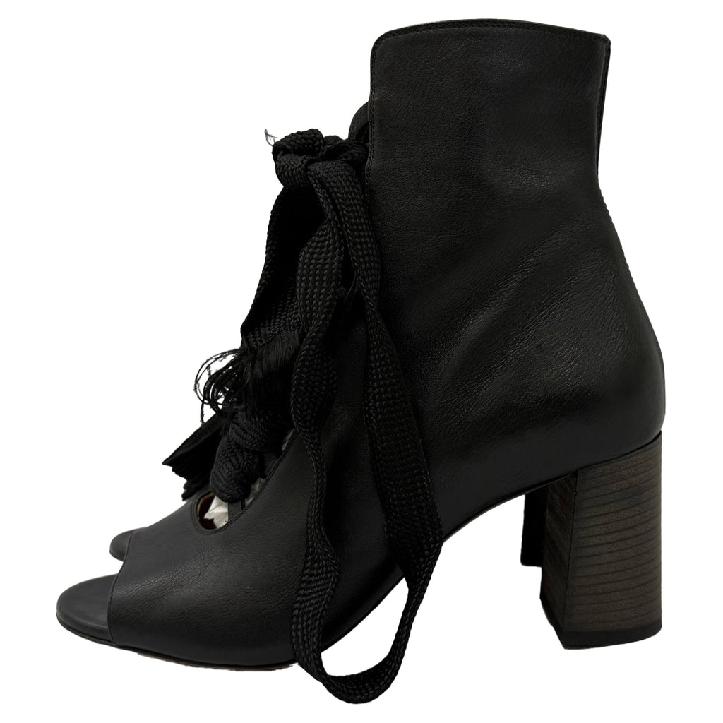 Chloé Harper Peep-Toe Lace Up Boots in Black Leather