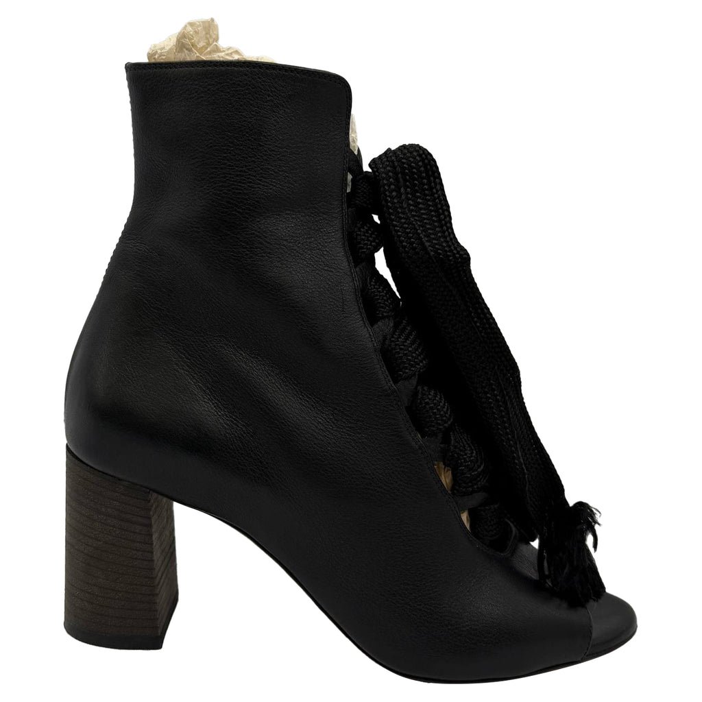 Chloé Harper Peep-Toe Lace Up Boots in Black Leather