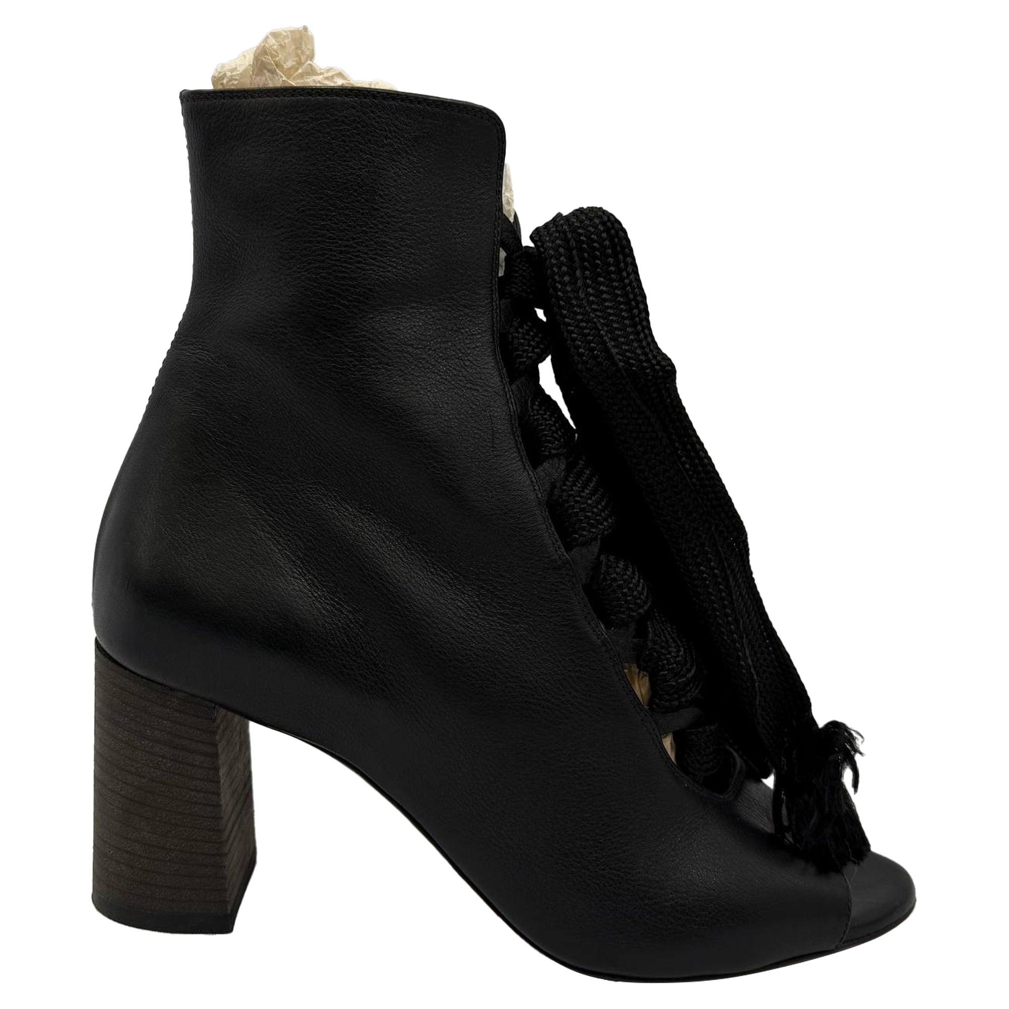 Chloé Harper Peep-Toe Lace Up Boots in Black Leather