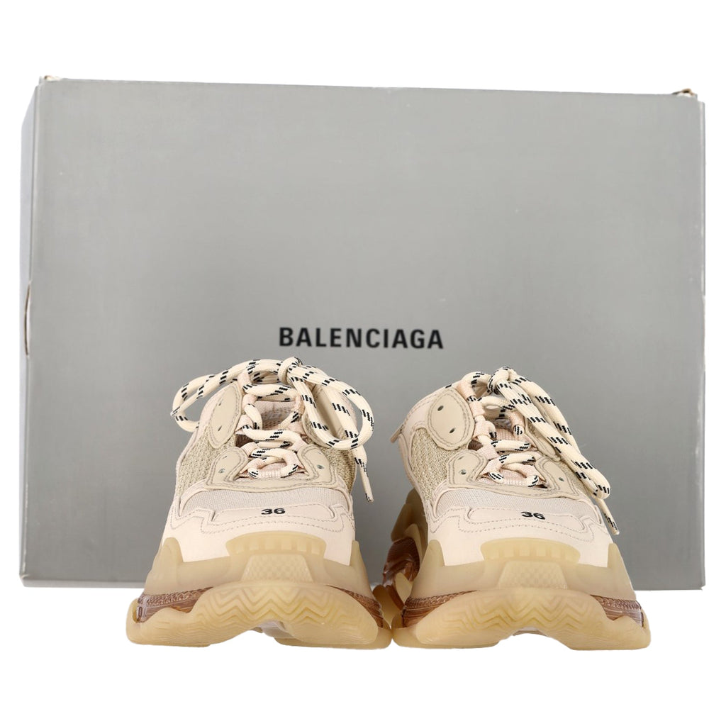 Women's Balenciaga Clear Sole Triple S Sneakers in Beige Polyester