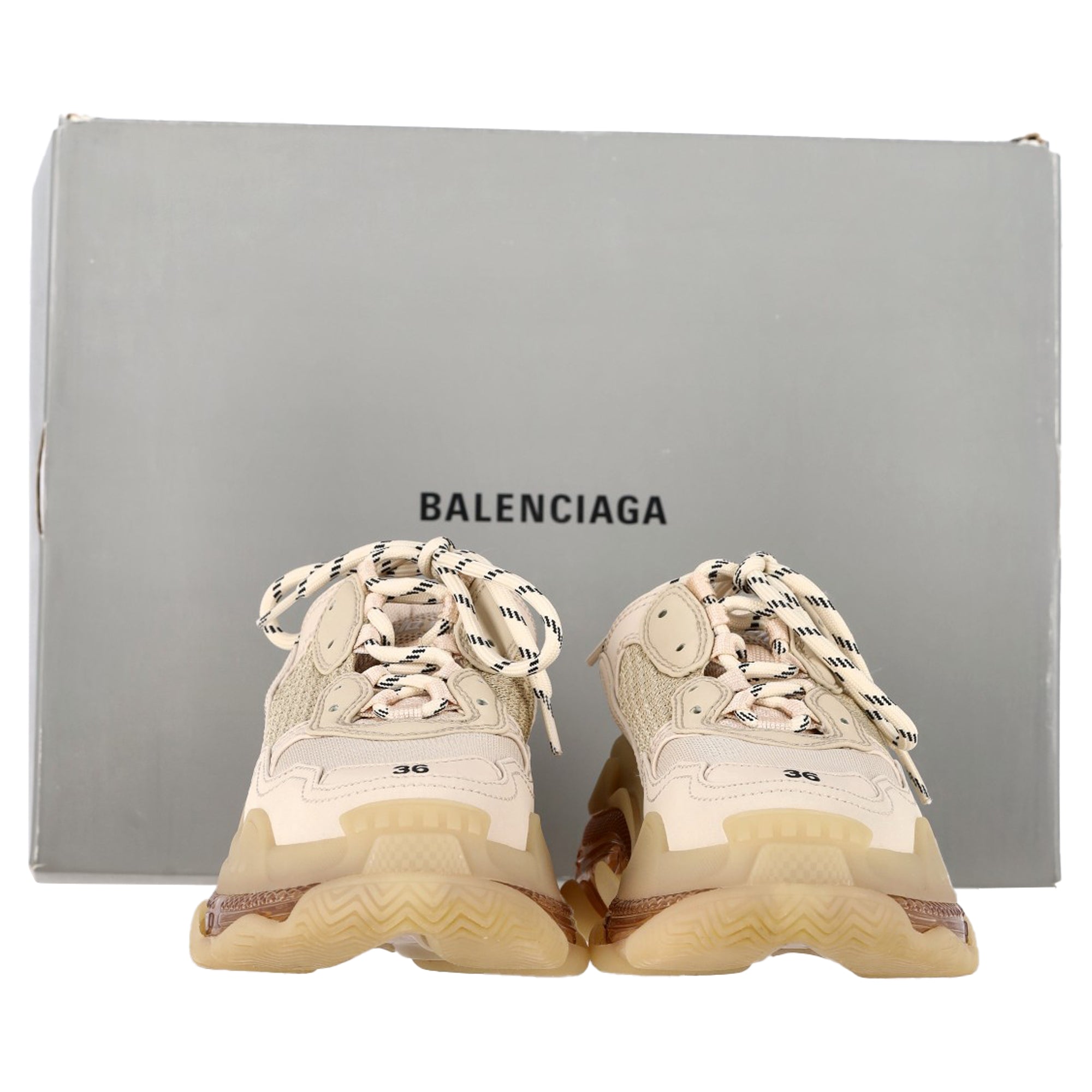 Women's Balenciaga Clear Sole Triple S Sneakers in Beige Polyester