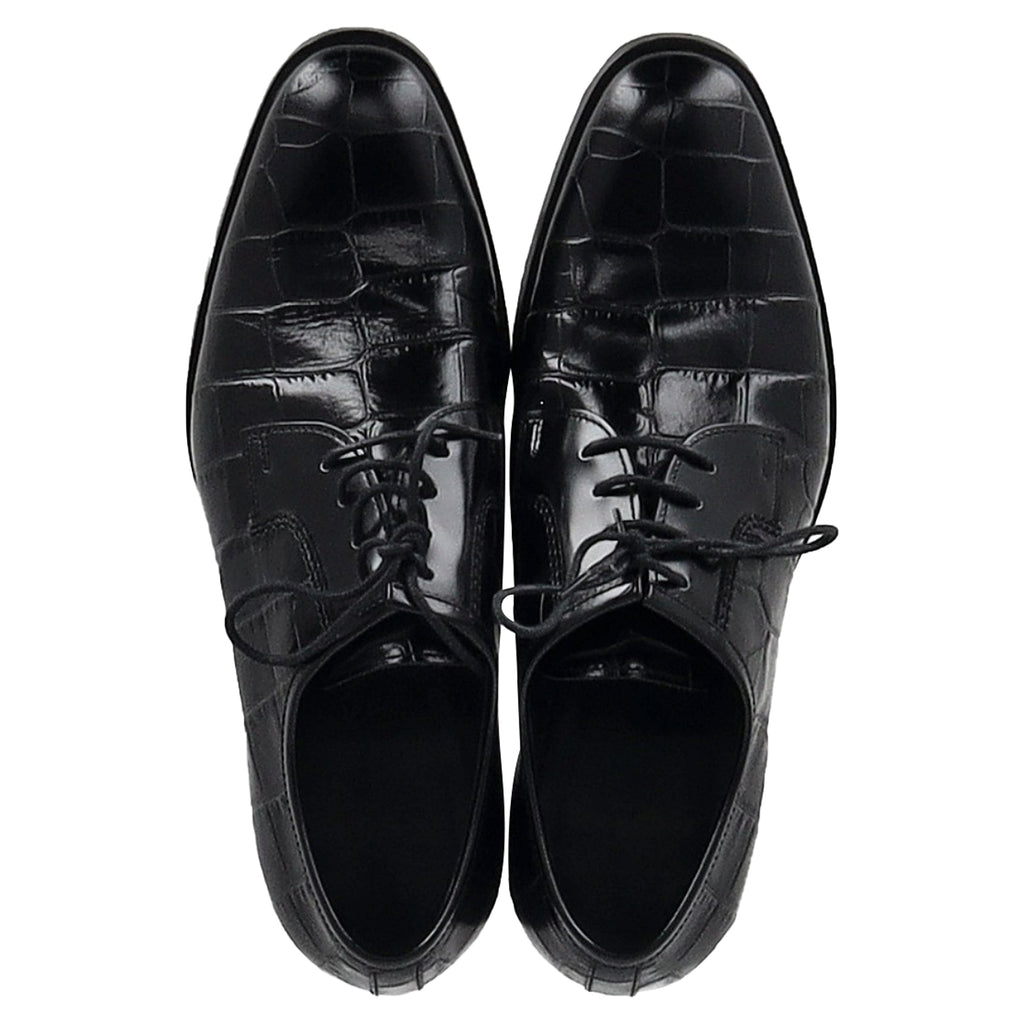 Saint Laurent Croc Embossed Lace Up Oxfords in Black Leather