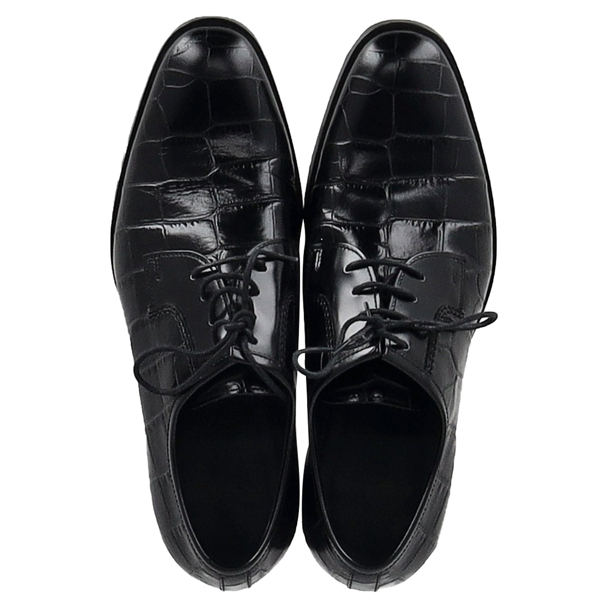 Saint Laurent Croc Embossed Lace Up Oxfords in Black Leather