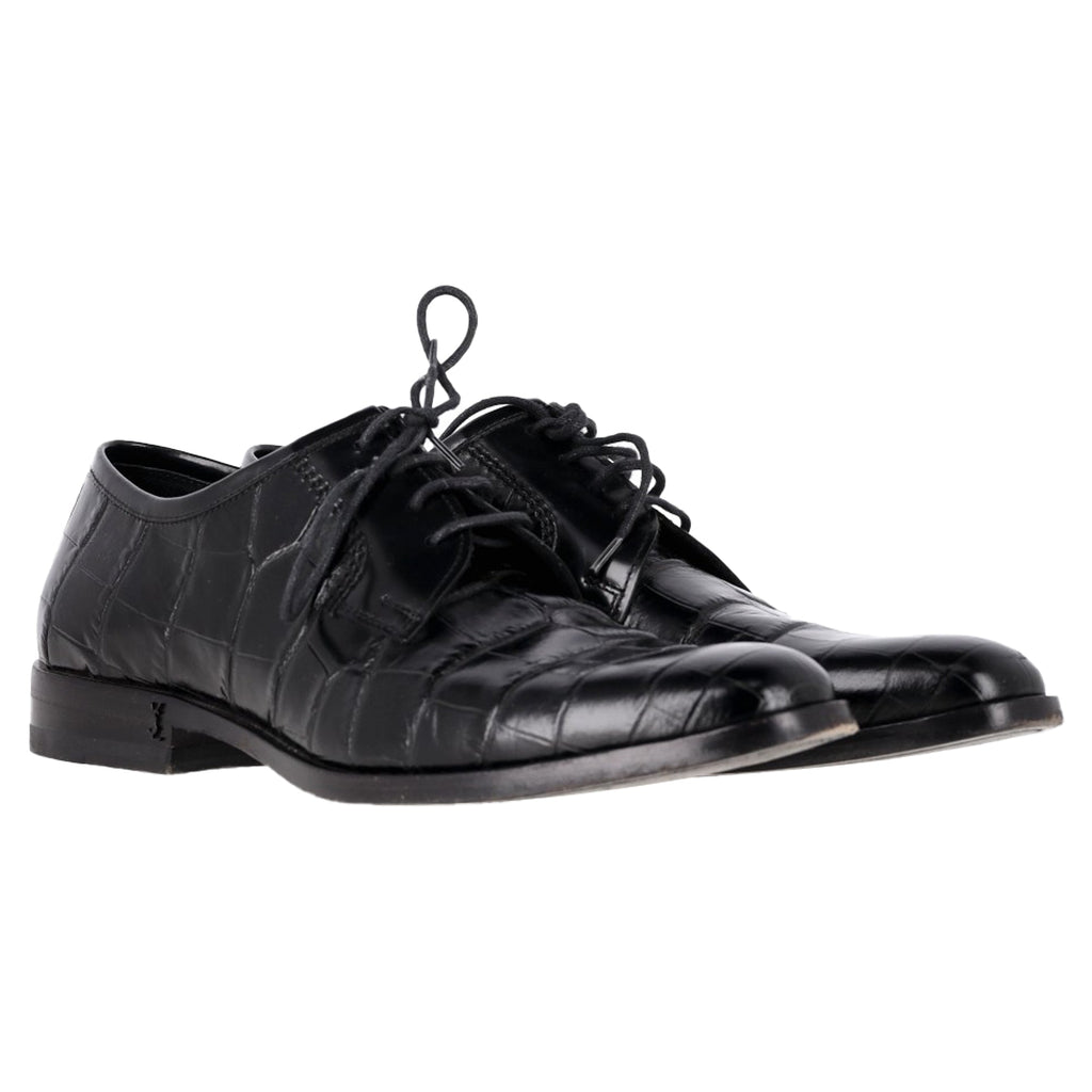 Saint Laurent Croc Embossed Lace Up Oxfords in Black Leather