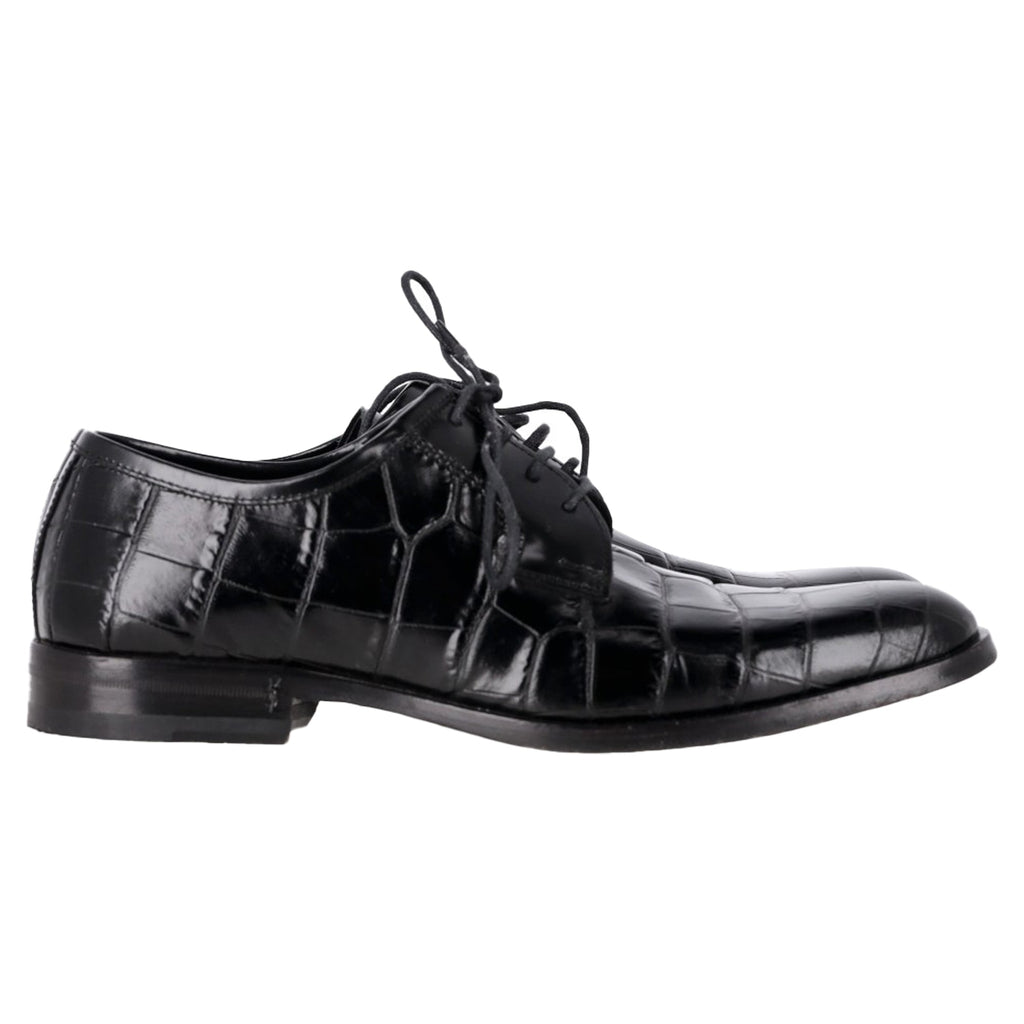 Saint Laurent Croc Embossed Lace Up Oxfords in Black Leather